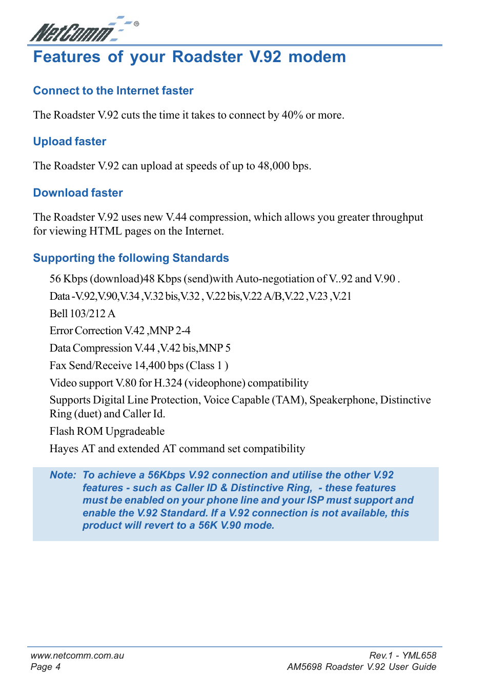 Features of your roadster v.92 modem | NetComm Roadster V.92 AM5698 User Manual | Page 4 / 36