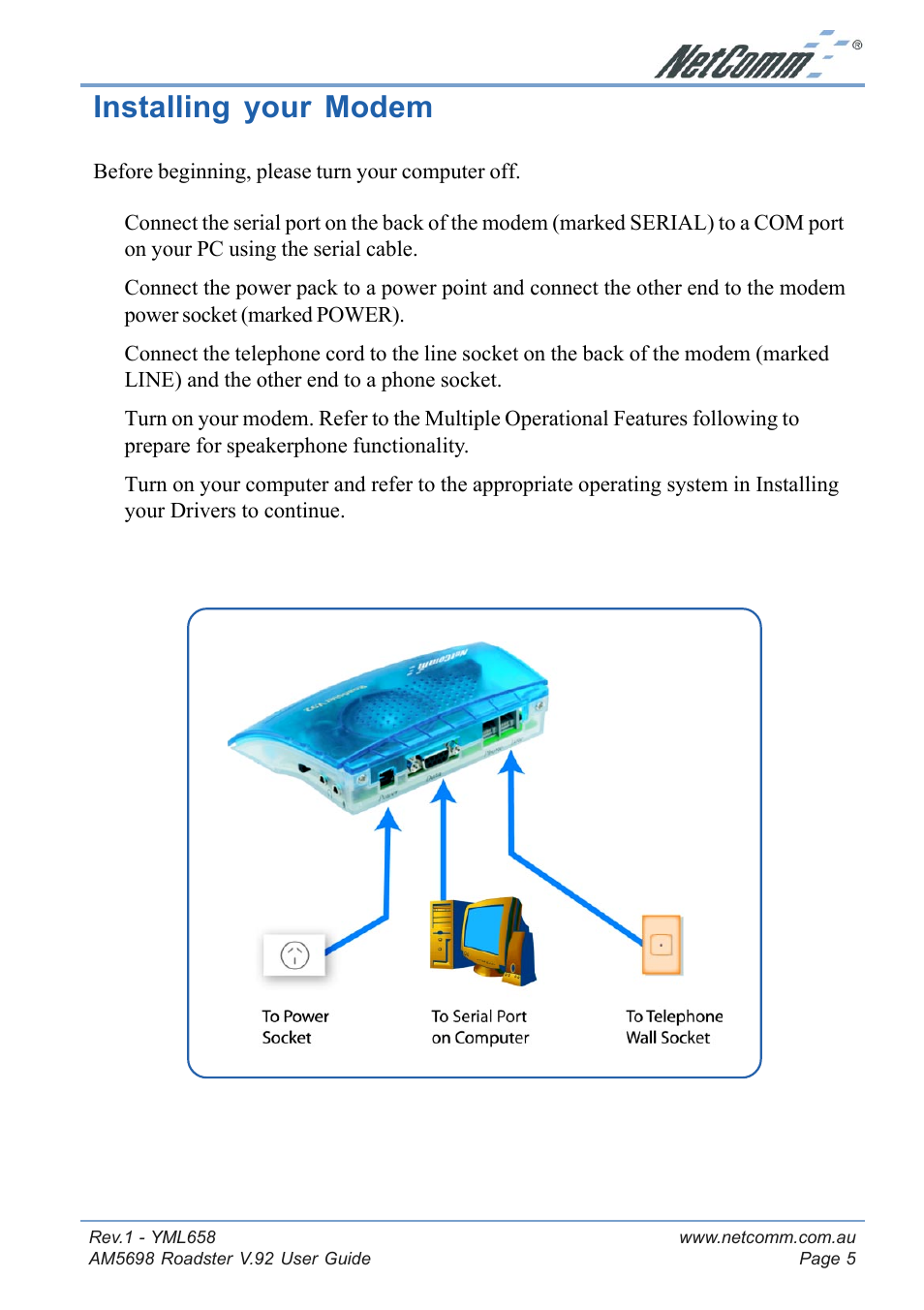 Installing your modem | NetComm Roadster V.92 AM5698 User Manual | Page 5 / 36