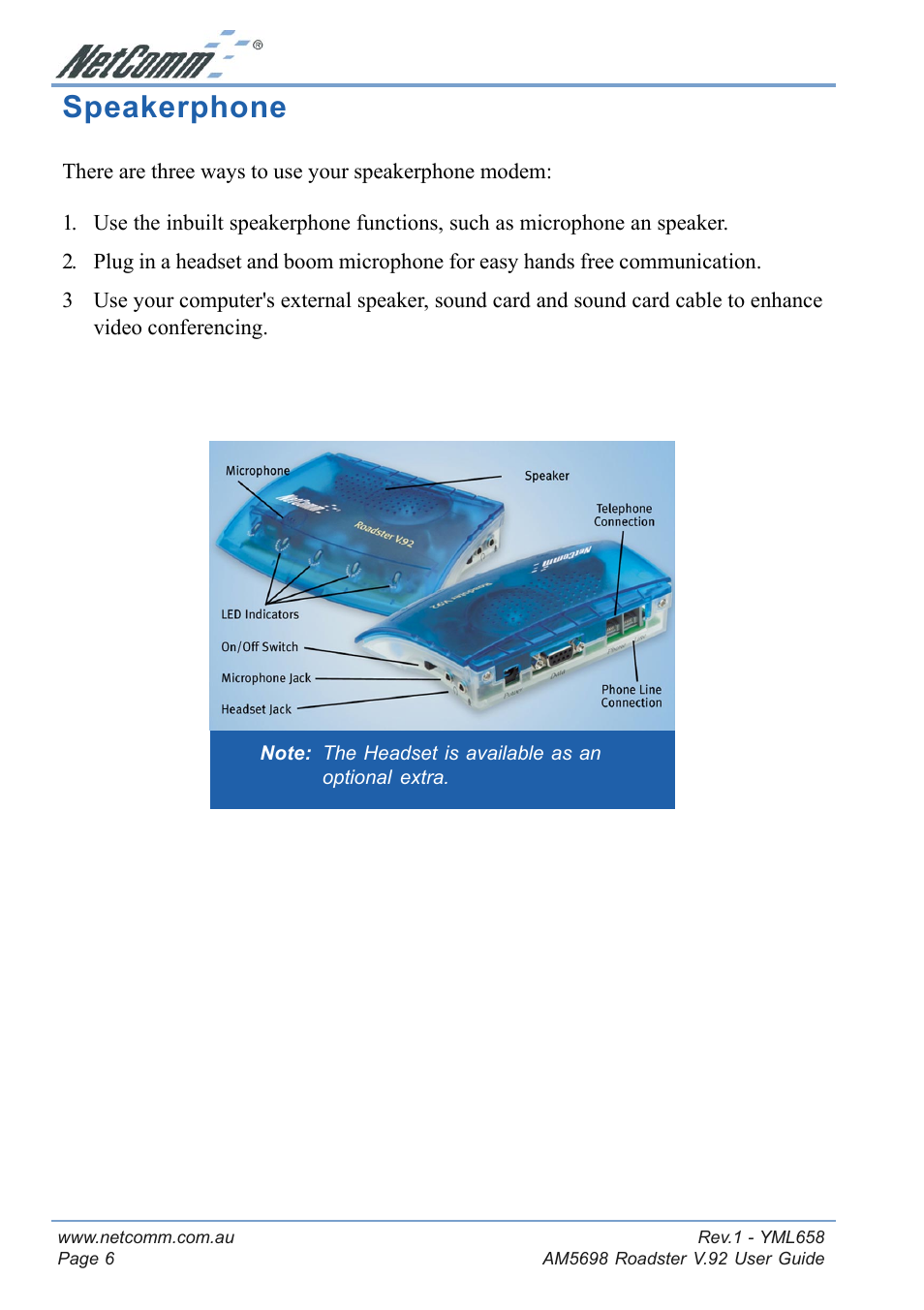 Speakerphone | NetComm Roadster V.92 AM5698 User Manual | Page 6 / 36