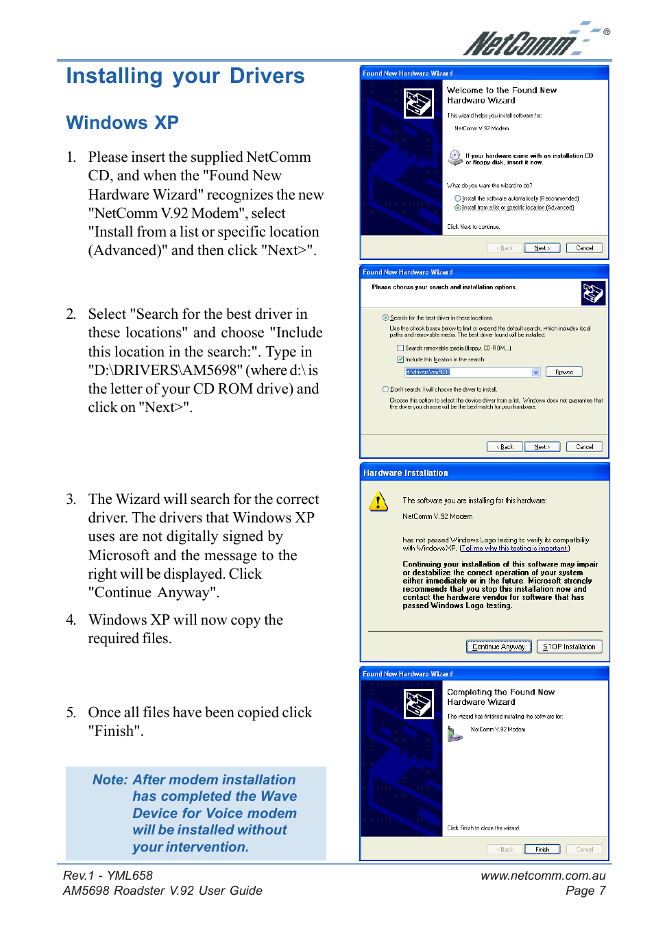 Installing your drivers, Windows xp | NetComm Roadster V.92 AM5698 User Manual | Page 7 / 36