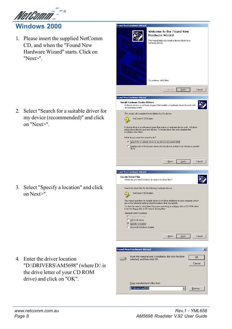 Windows 2000 | NetComm Roadster V.92 AM5698 User Manual | Page 8 / 36