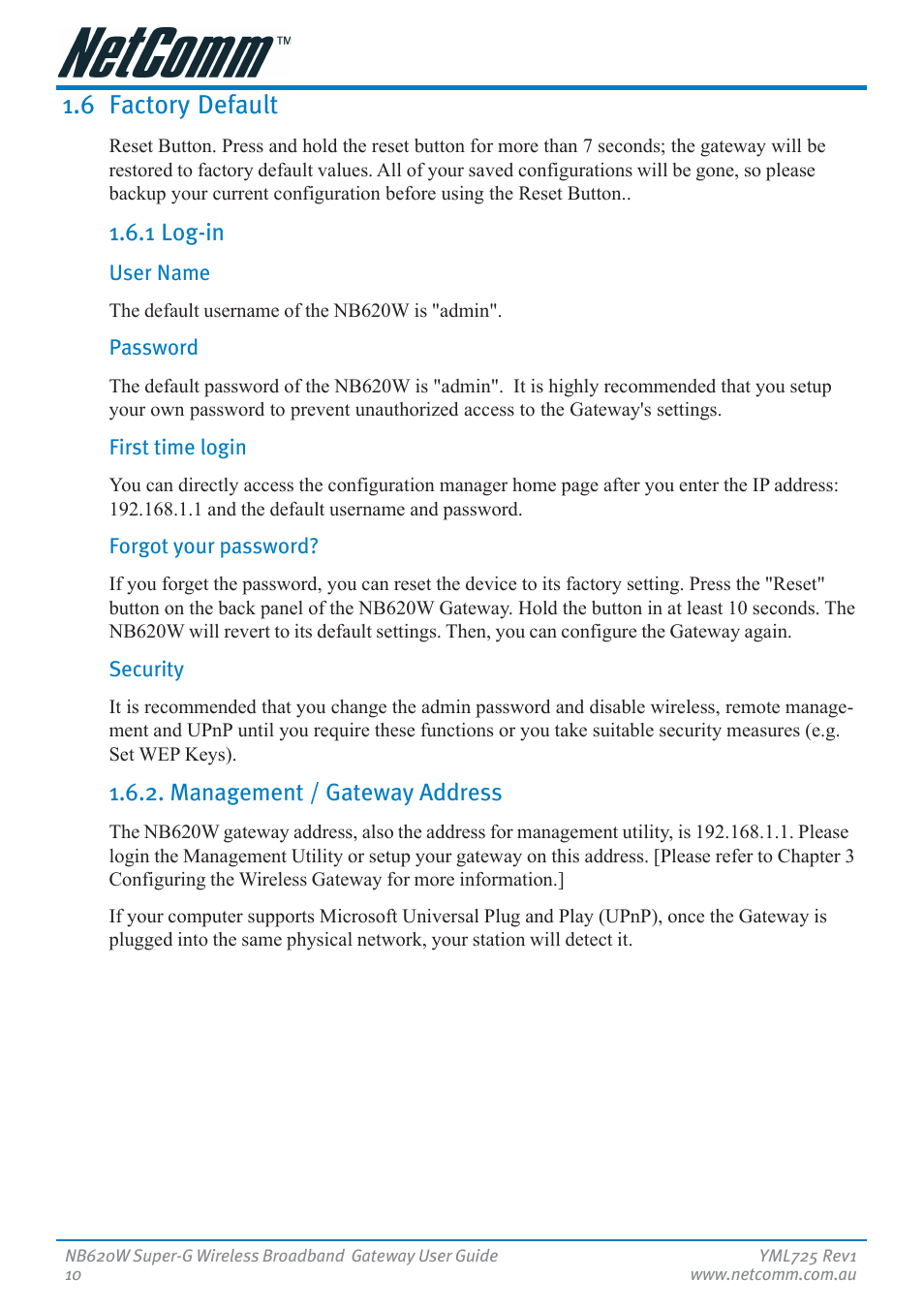 6 factory default | NetComm NB620W User Manual | Page 10 / 82