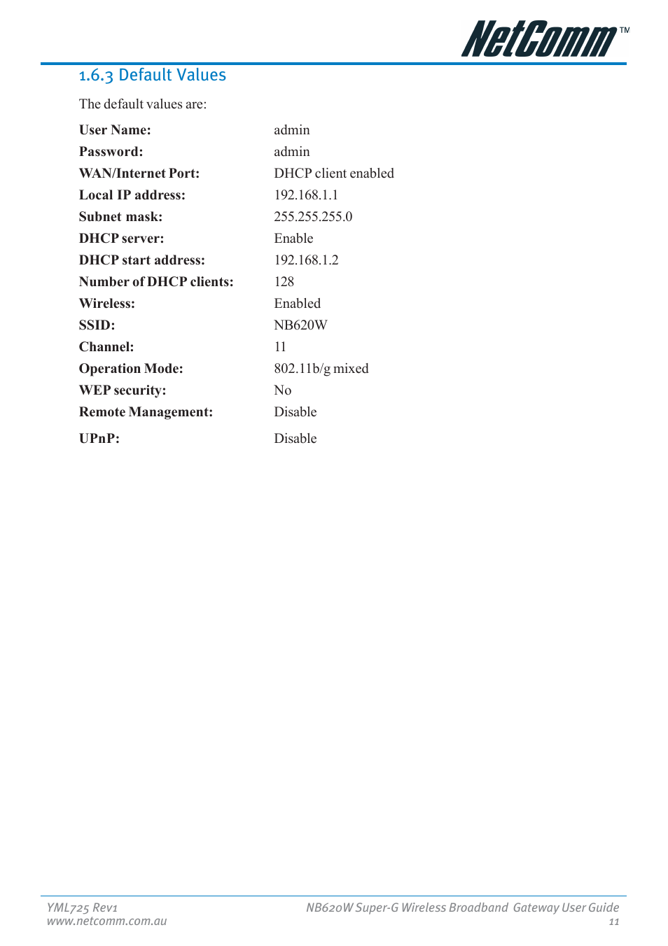 3 default values | NetComm NB620W User Manual | Page 11 / 82