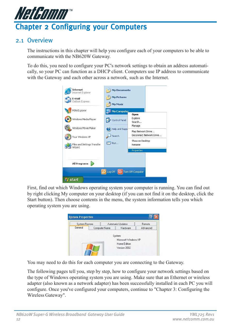 Chapter 2 configuring your computers, 1 overview | NetComm NB620W User Manual | Page 12 / 82