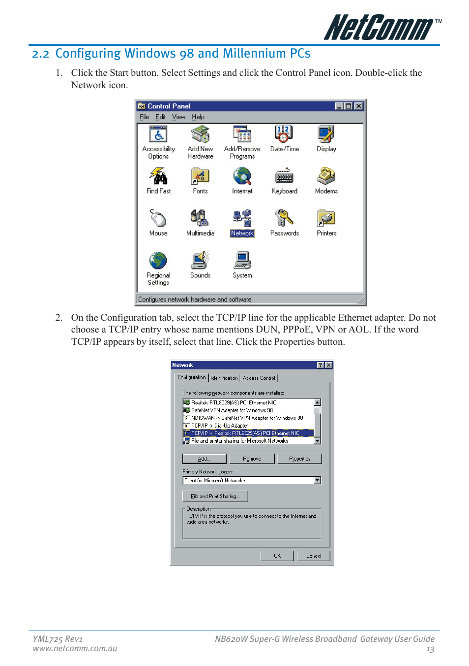 2 configuring windows 98 and millennium pcs | NetComm NB620W User Manual | Page 13 / 82