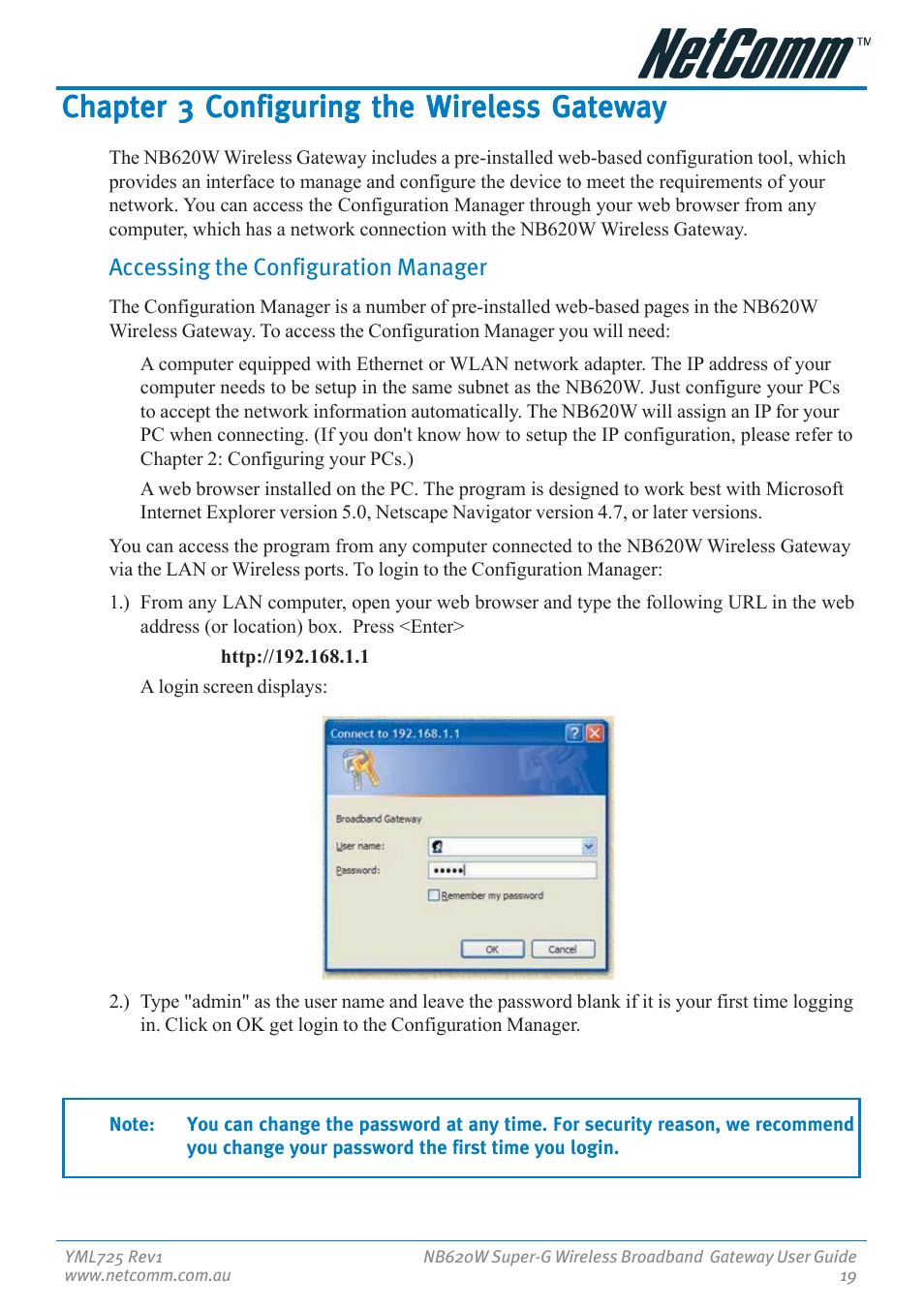 Chapter 3 configuring the wireless gateway | NetComm NB620W User Manual | Page 19 / 82