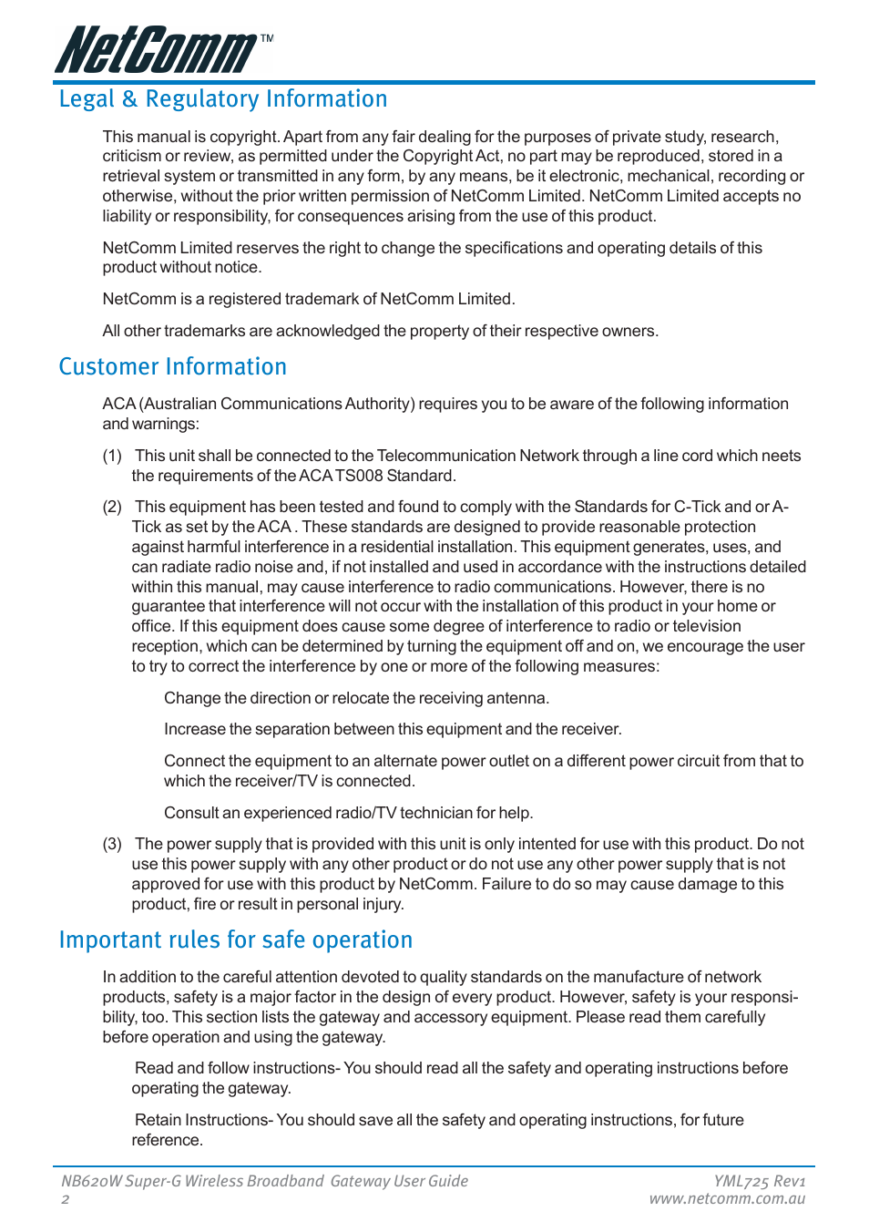 Legal & regulatory information, Customer information, Important rules for safe operation | NetComm NB620W User Manual | Page 2 / 82