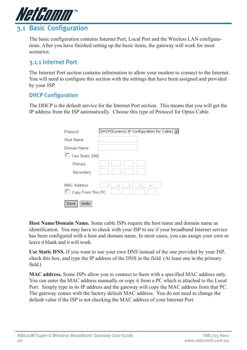 1 basic configuration, 1 internet port | NetComm NB620W User Manual | Page 20 / 82