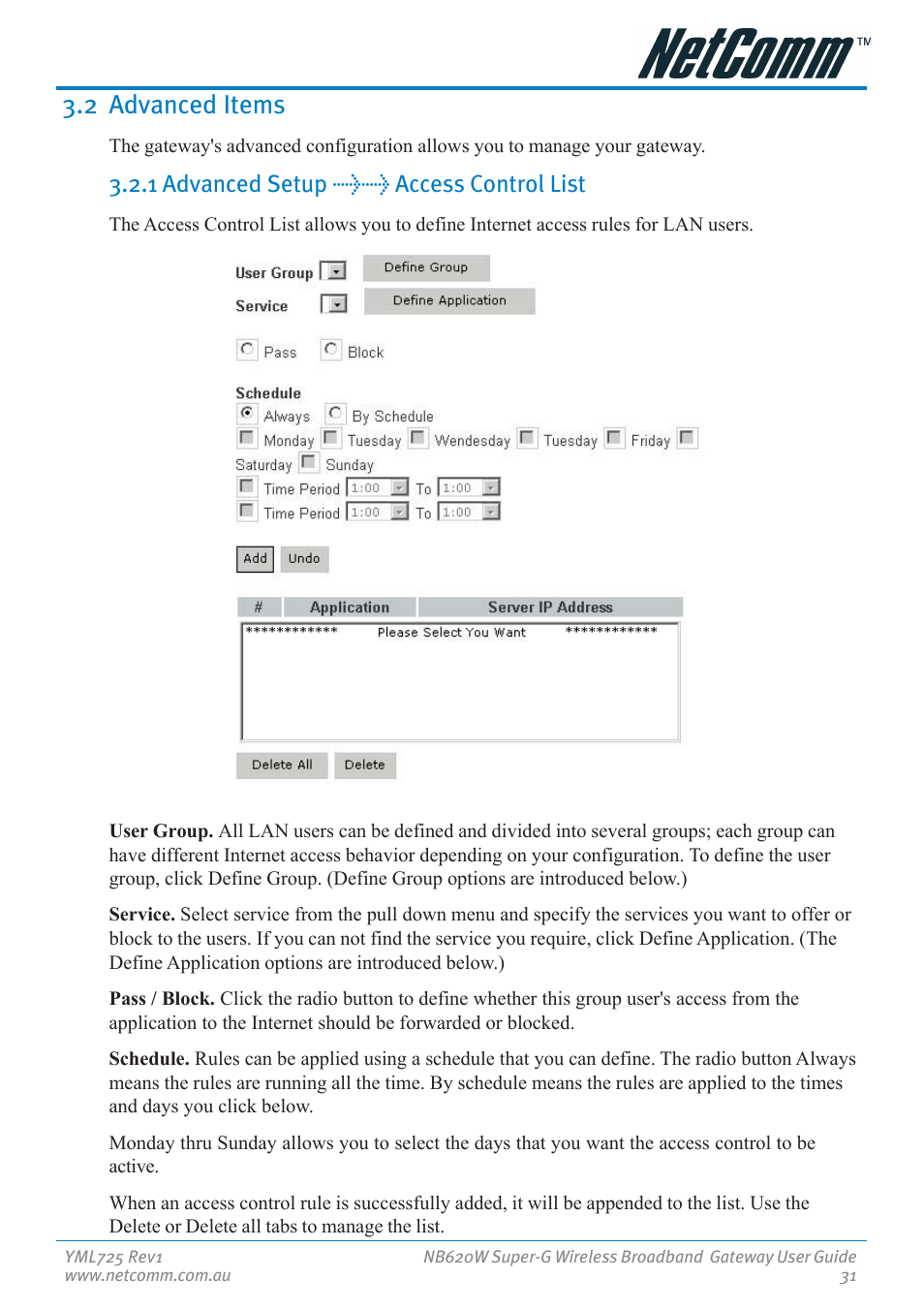 2 advanced items, 1 advanced setup >> access control list | NetComm NB620W User Manual | Page 31 / 82