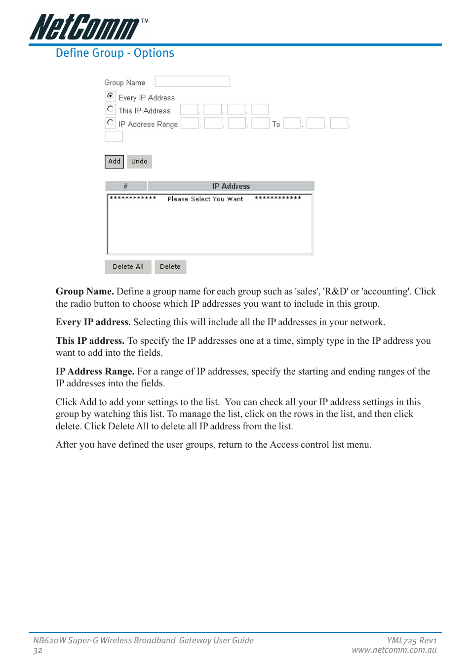 Define group - options | NetComm NB620W User Manual | Page 32 / 82