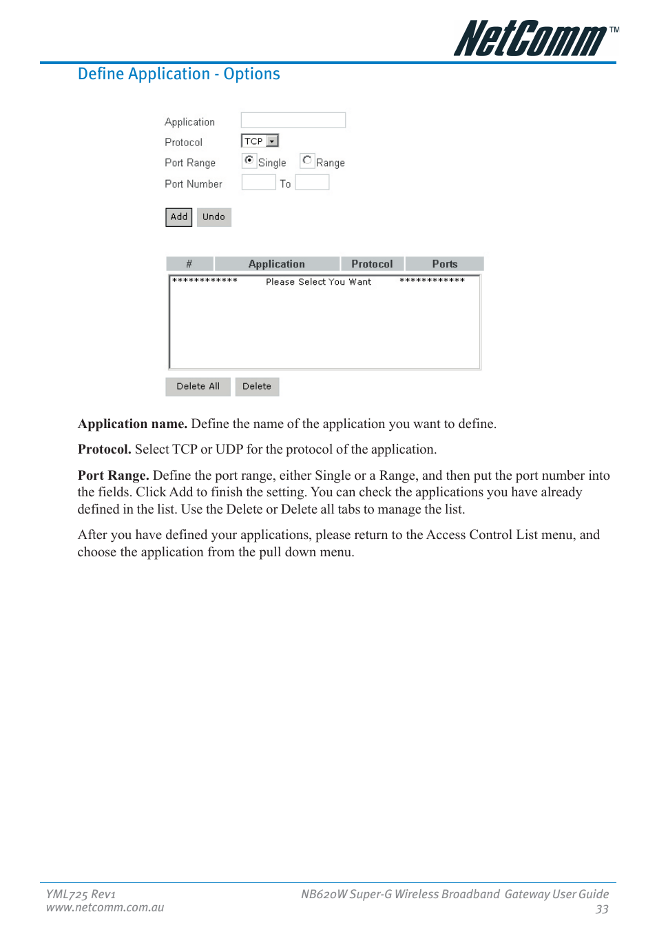 Define application - options | NetComm NB620W User Manual | Page 33 / 82