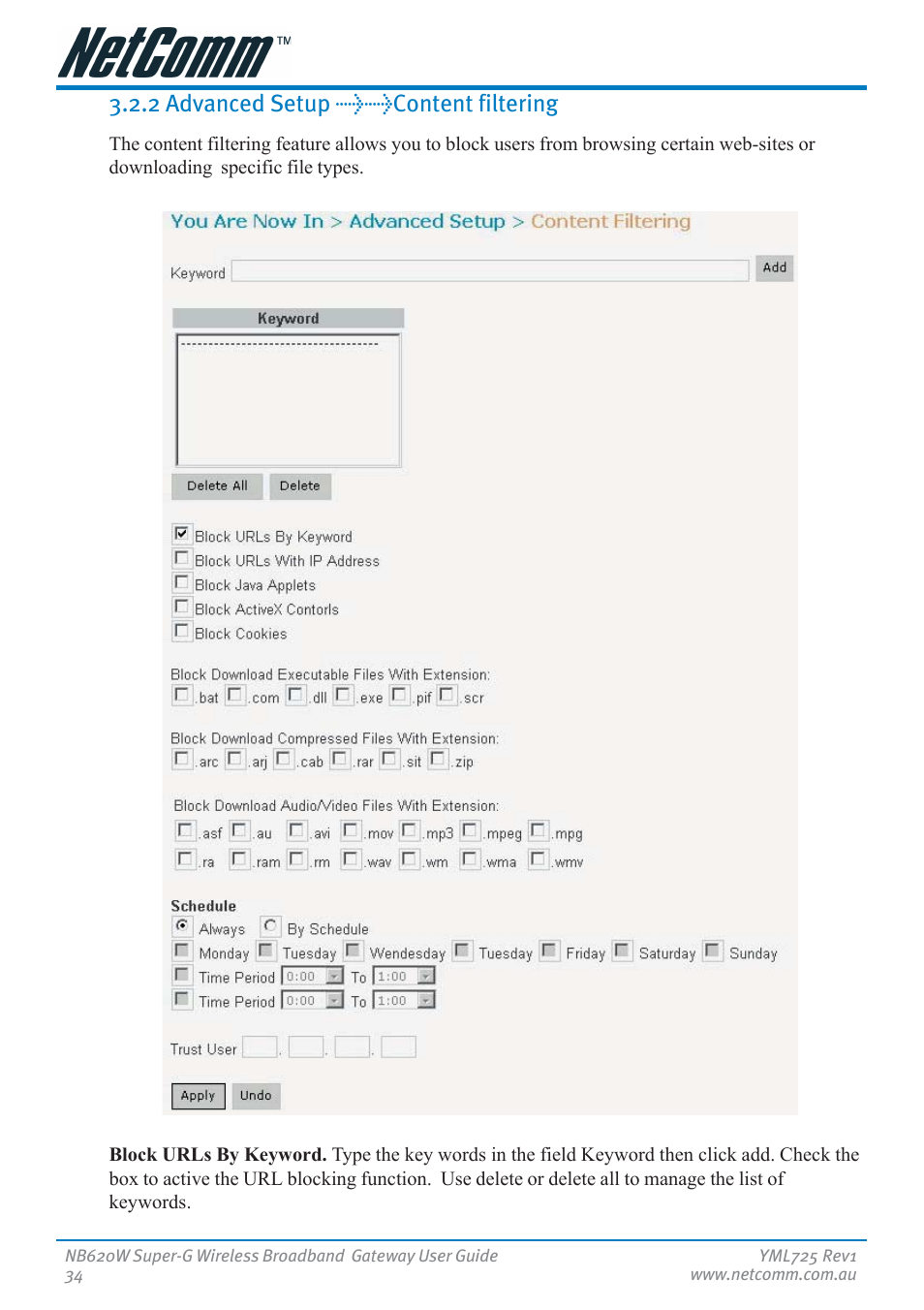 2 advanced setup >>content filtering | NetComm NB620W User Manual | Page 34 / 82