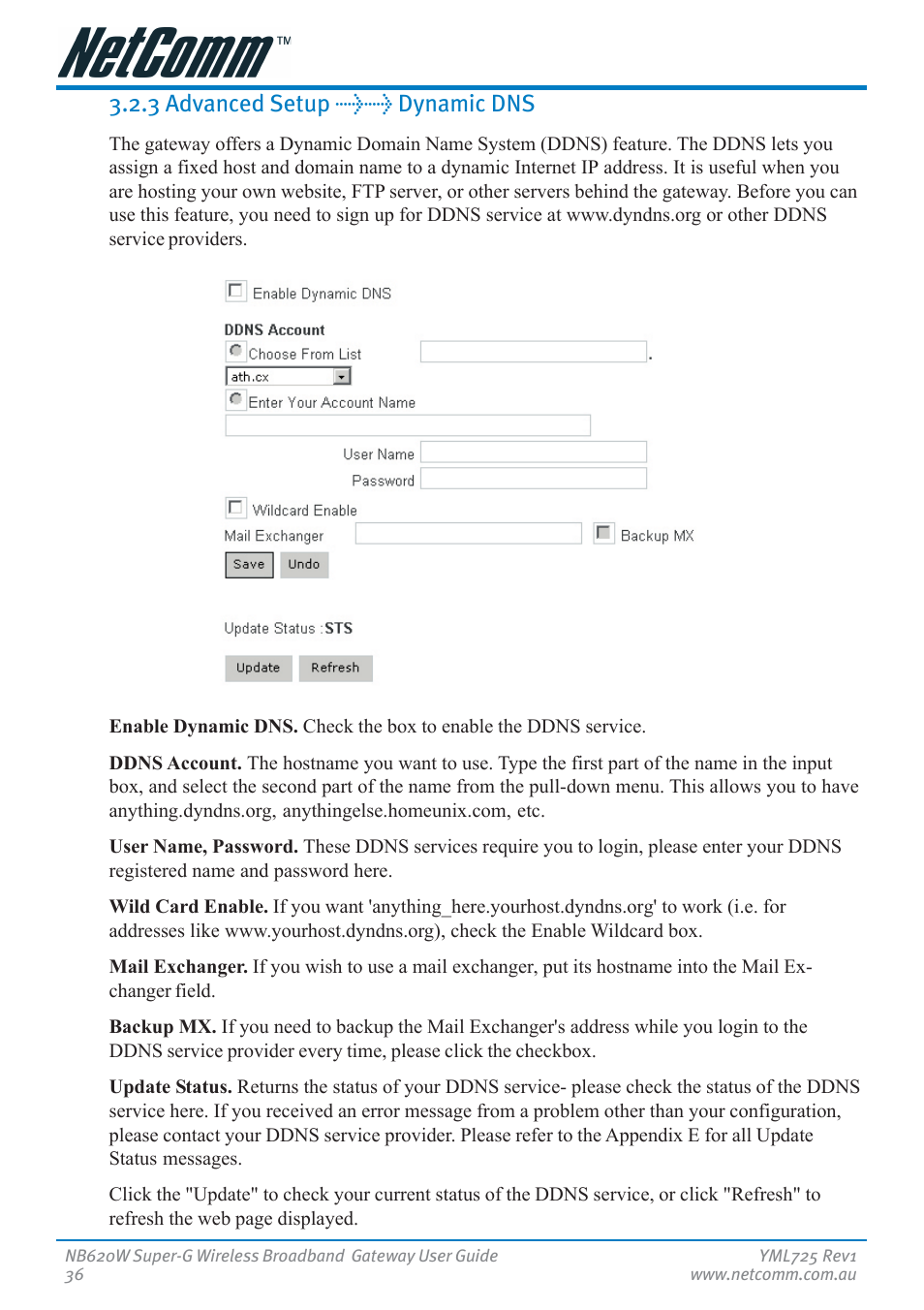 3 advanced setup >> dynamic dns | NetComm NB620W User Manual | Page 36 / 82