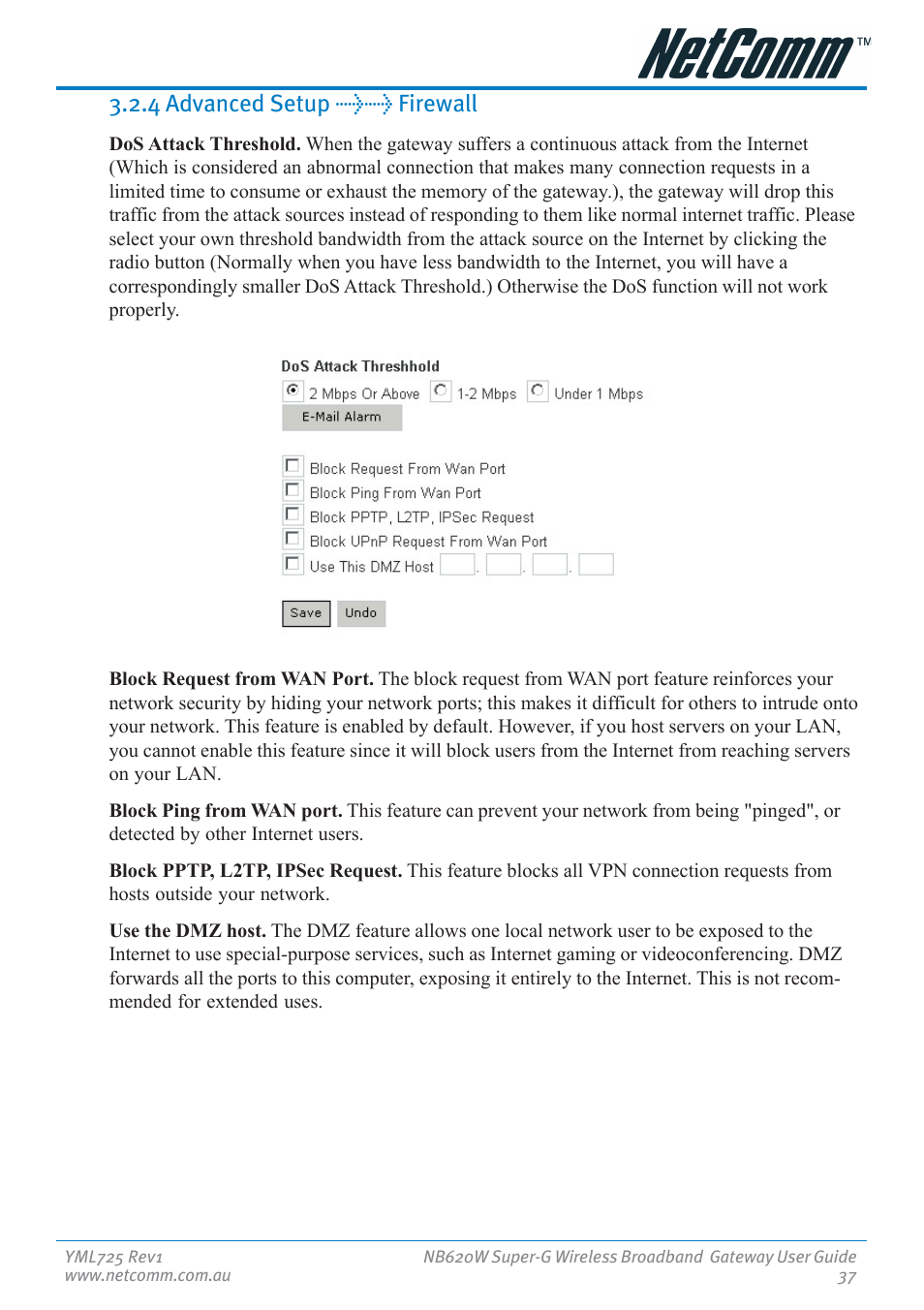 4 advanced setup >> firewall | NetComm NB620W User Manual | Page 37 / 82