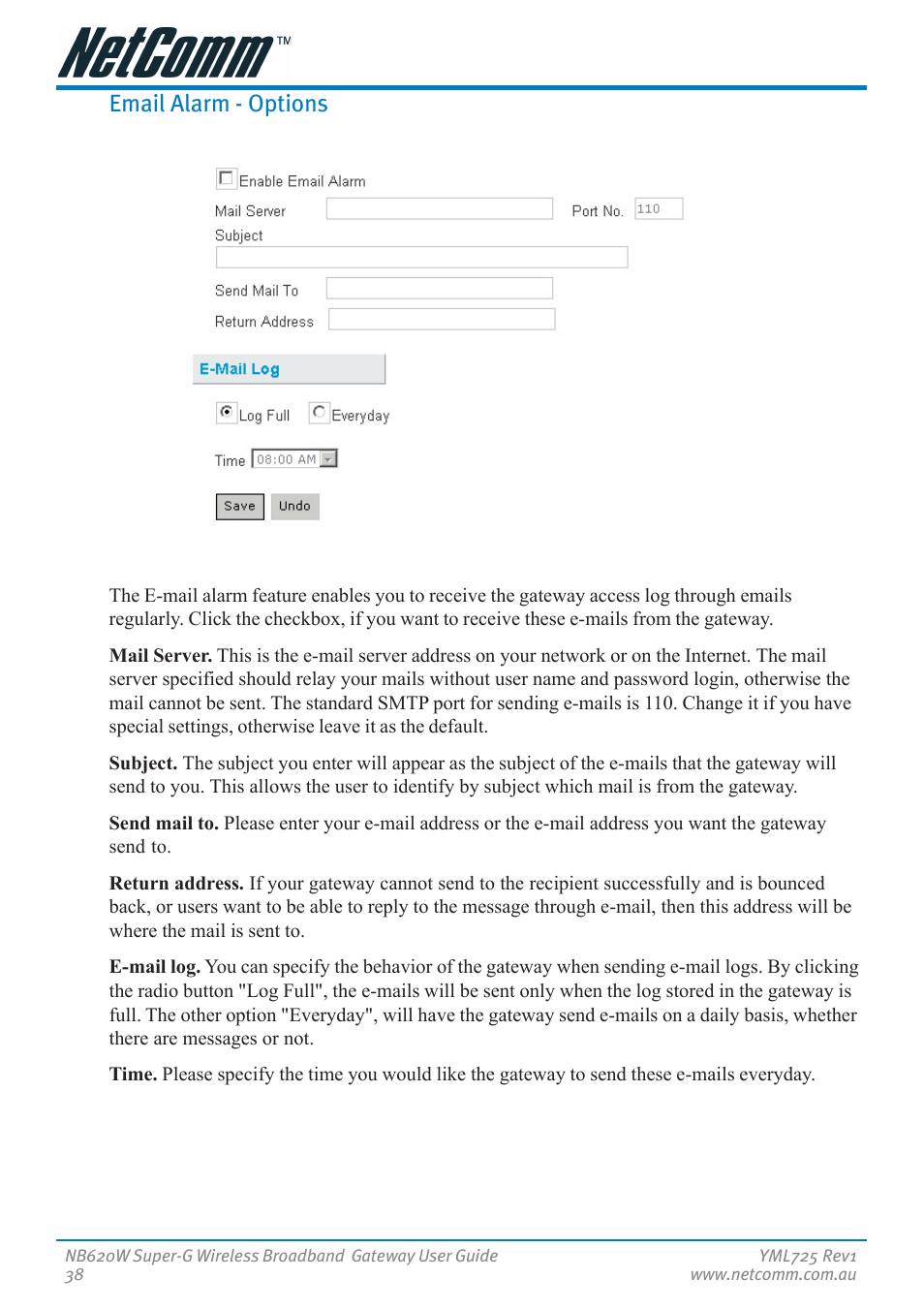 Email alarm - options | NetComm NB620W User Manual | Page 38 / 82