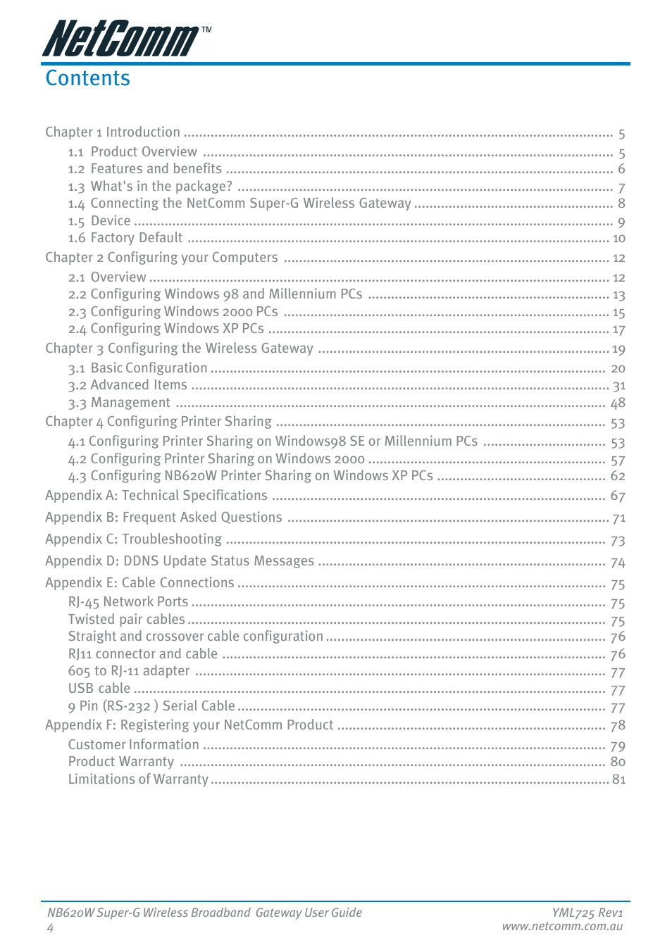 NetComm NB620W User Manual | Page 4 / 82