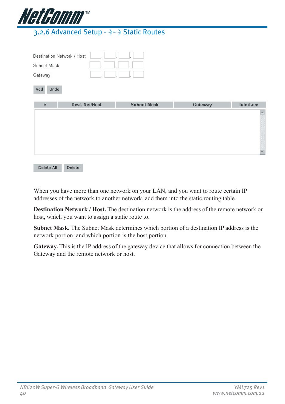 6 advanced setup >> static routes | NetComm NB620W User Manual | Page 40 / 82