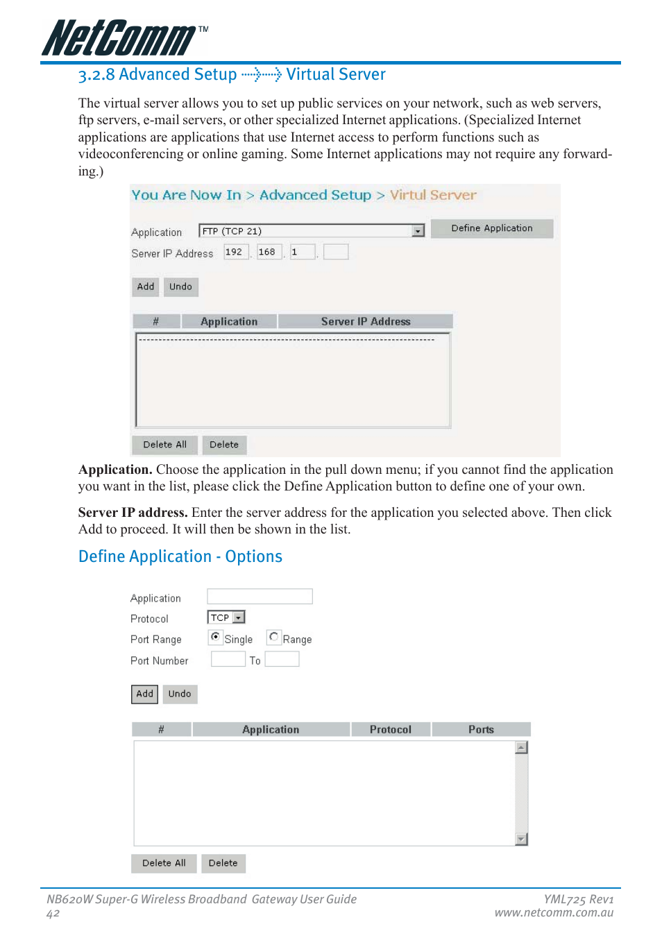 8 advanced setup >> virtual server, Define application - options | NetComm NB620W User Manual | Page 42 / 82