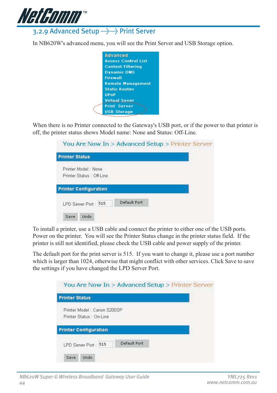 9 advanced setup >> print server | NetComm NB620W User Manual | Page 44 / 82