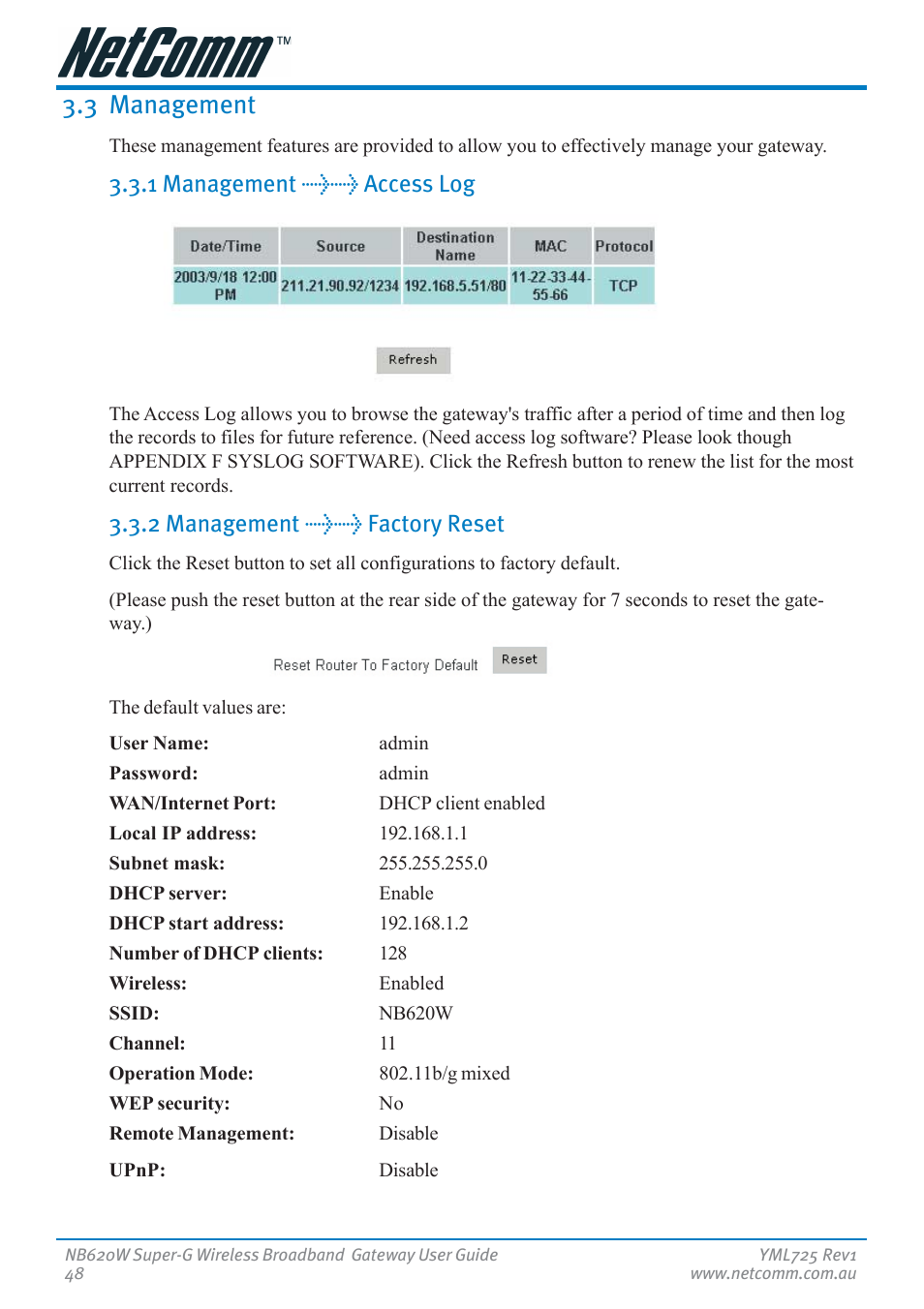 3 management, 1 management >> access log, 2 management >> factory reset | NetComm NB620W User Manual | Page 48 / 82