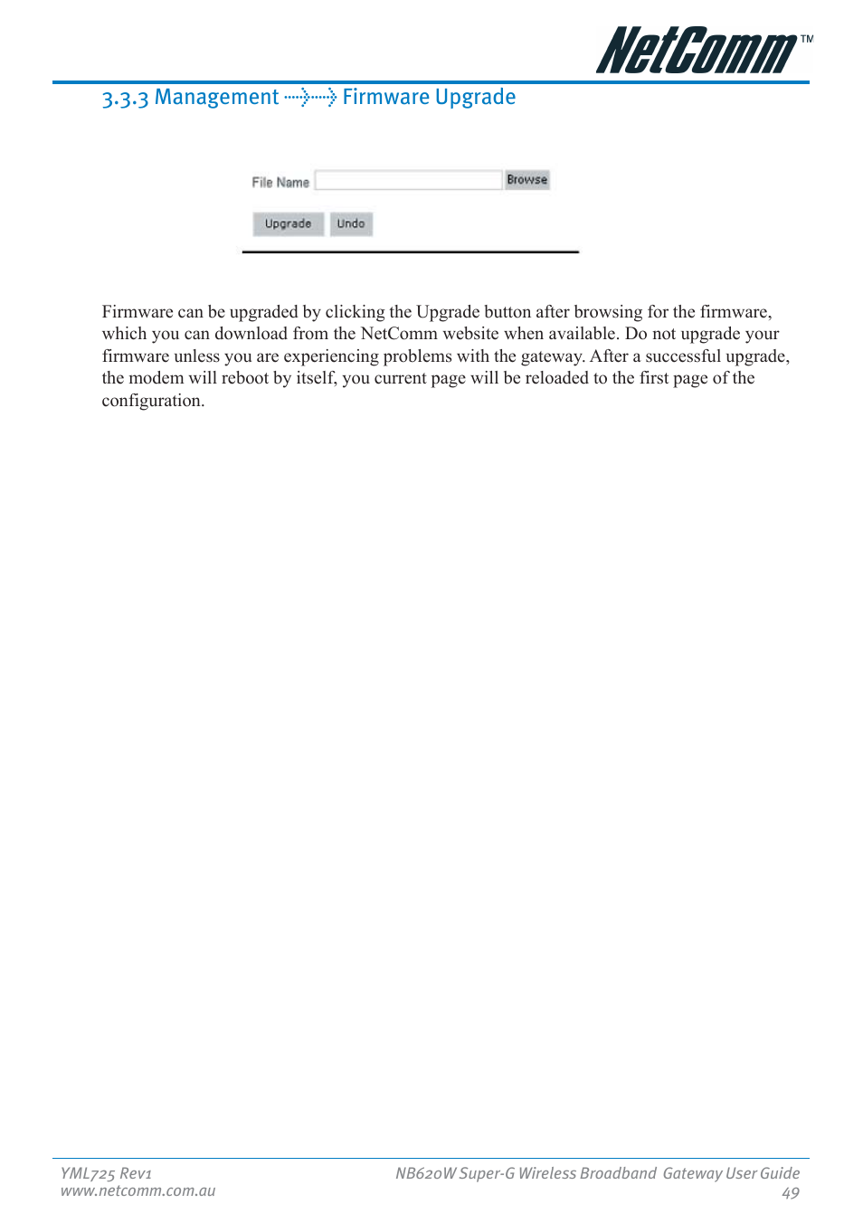 3 management >> firmware upgrade | NetComm NB620W User Manual | Page 49 / 82