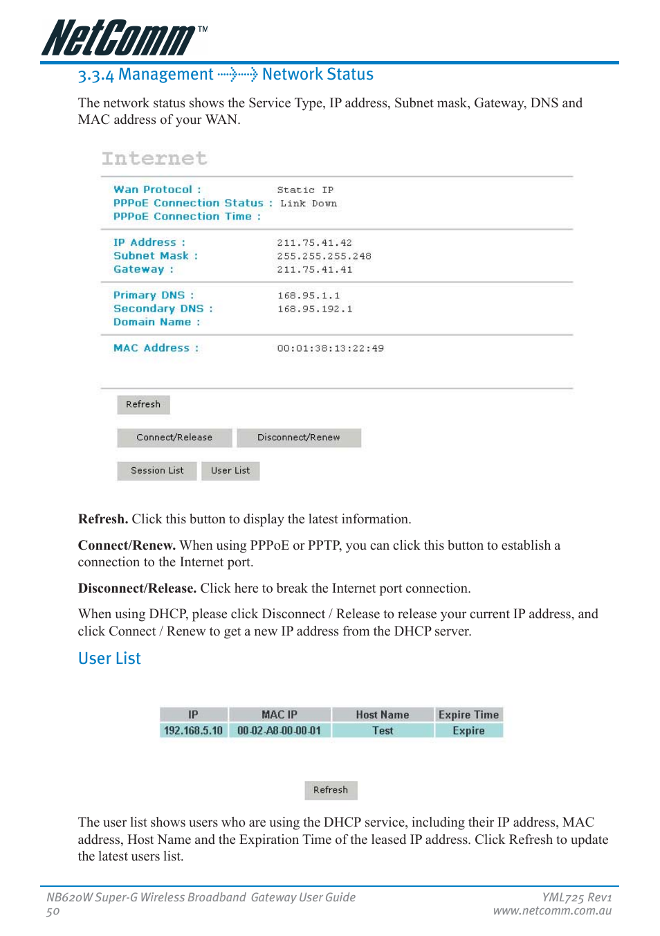 4 management >> network status, User list | NetComm NB620W User Manual | Page 50 / 82