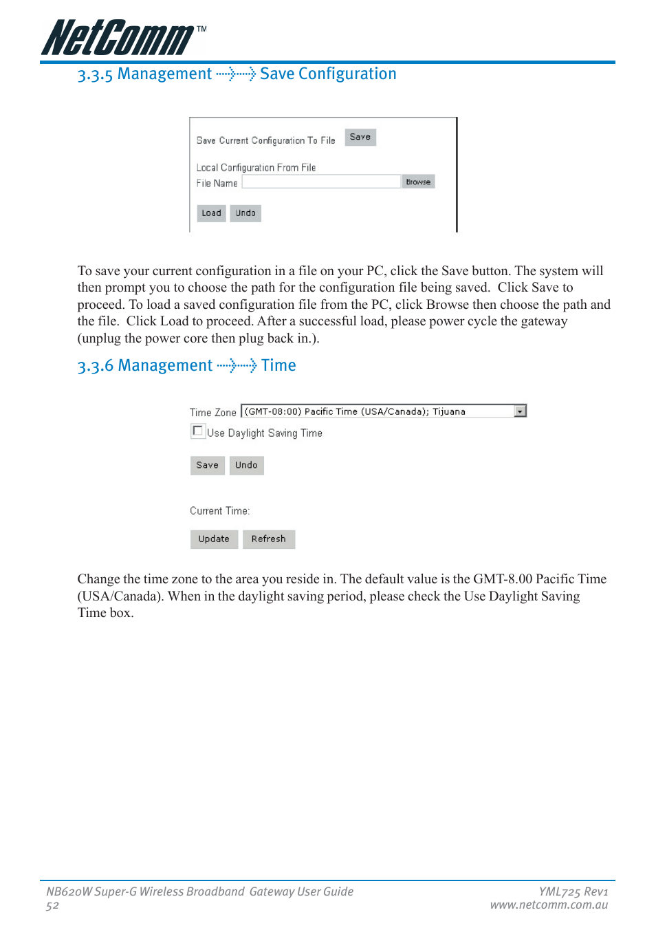 5 management >> save configuration, 6 management >> time | NetComm NB620W User Manual | Page 52 / 82