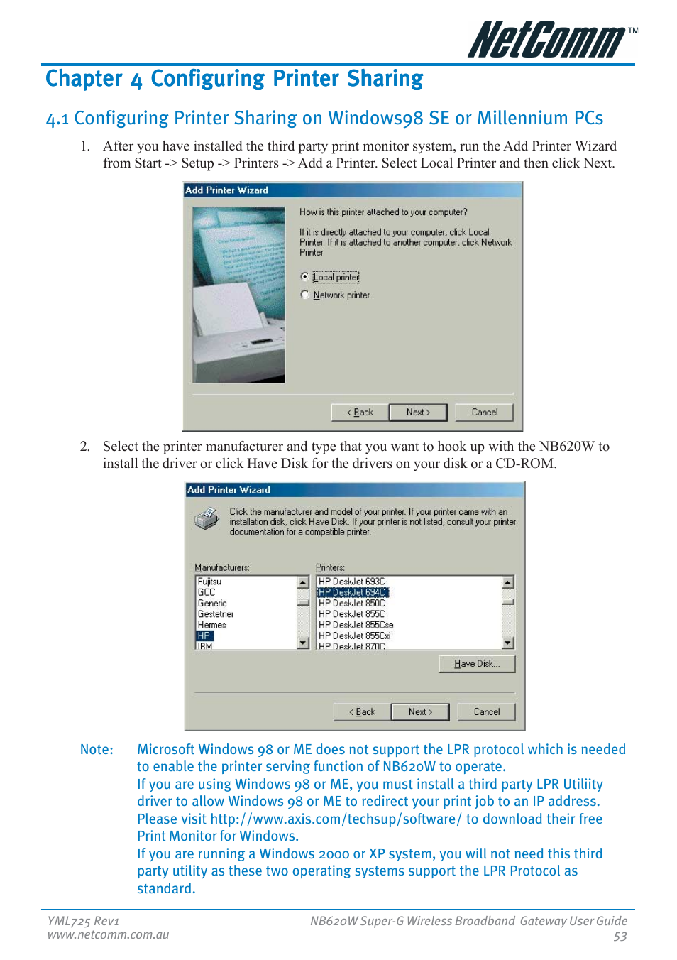 Chapter 4 configuring printer sharing | NetComm NB620W User Manual | Page 53 / 82