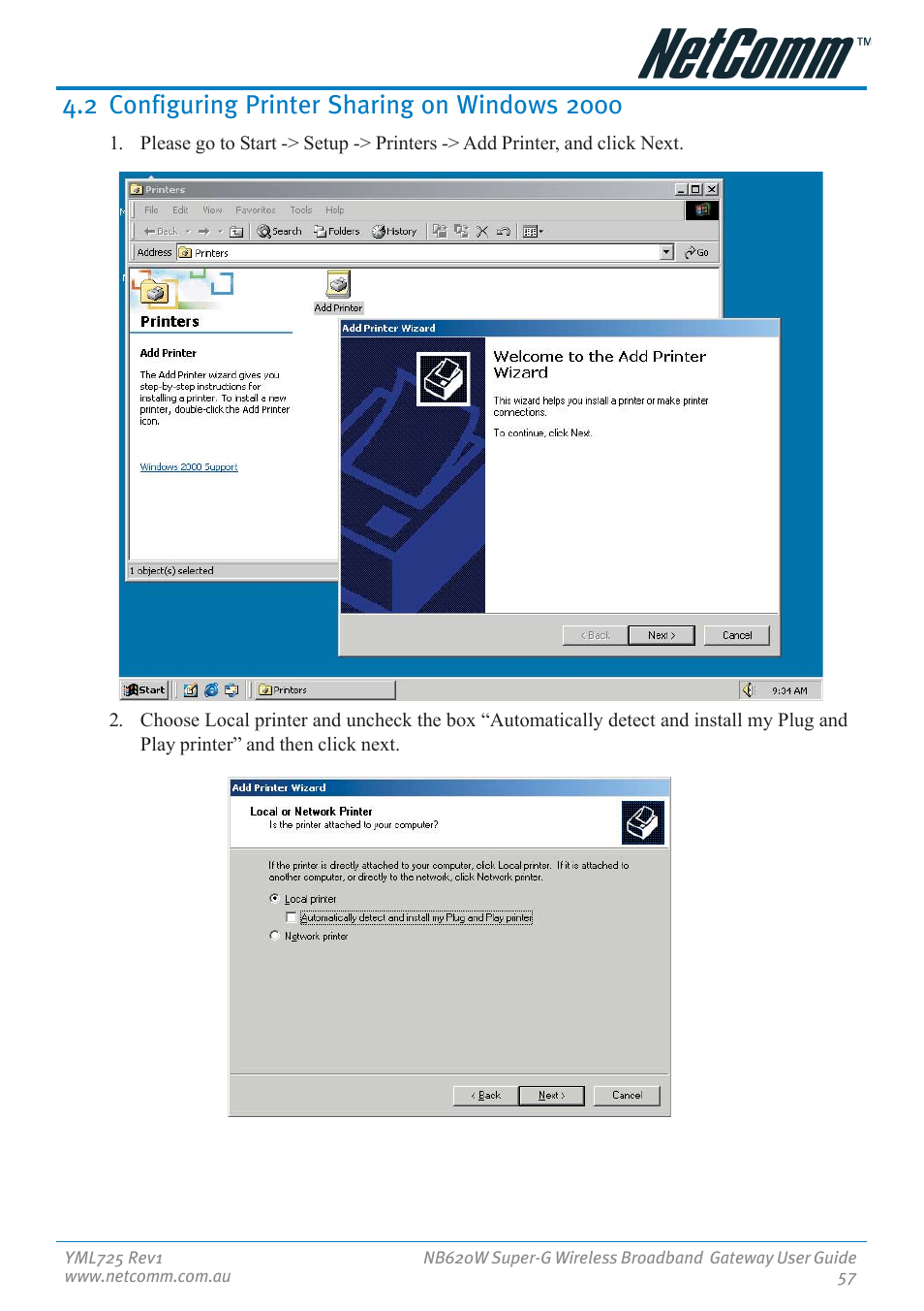 2 configuring printer sharing on windows 2000 | NetComm NB620W User Manual | Page 57 / 82