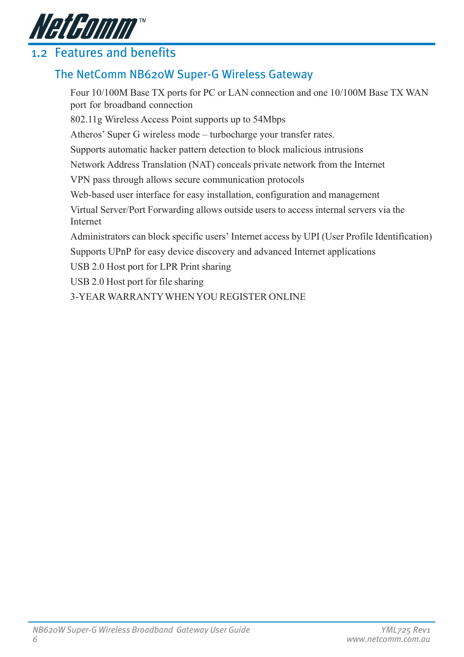 2 features and benefits, The netcomm nb620w super-g wireless gateway | NetComm NB620W User Manual | Page 6 / 82