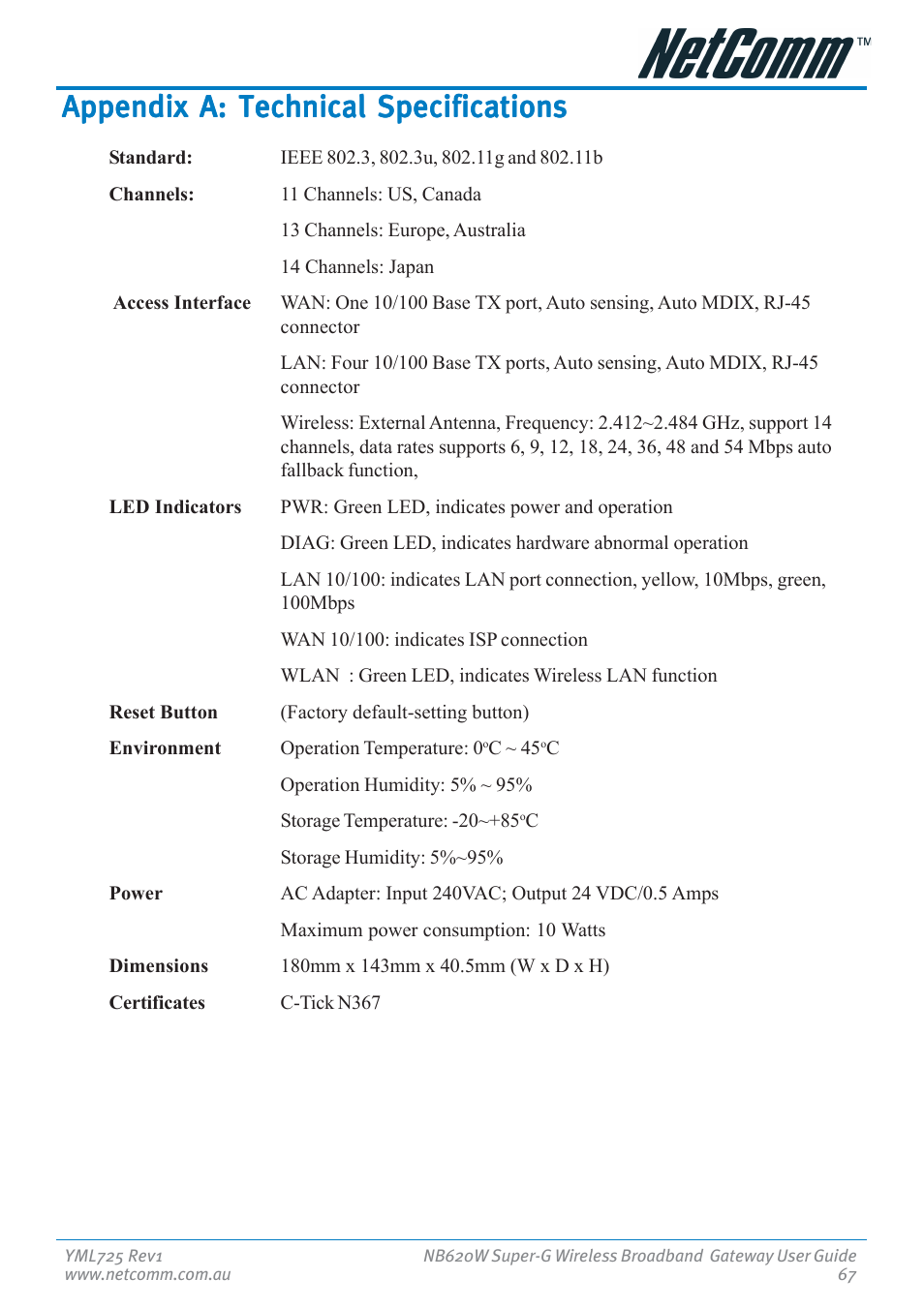 Appendix a: technical specifications | NetComm NB620W User Manual | Page 67 / 82