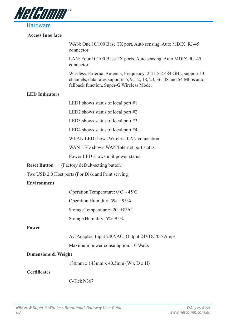 Hardware | NetComm NB620W User Manual | Page 68 / 82