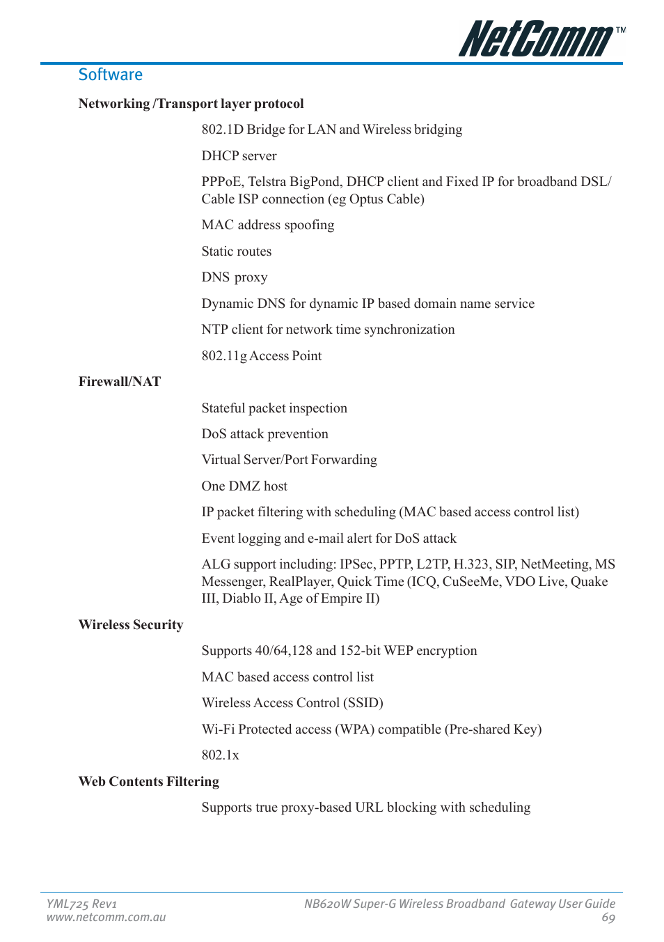 Software | NetComm NB620W User Manual | Page 69 / 82