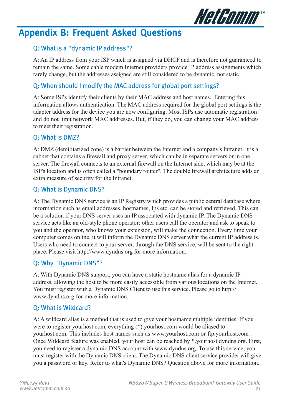 Appendix b: frequent asked questions | NetComm NB620W User Manual | Page 71 / 82