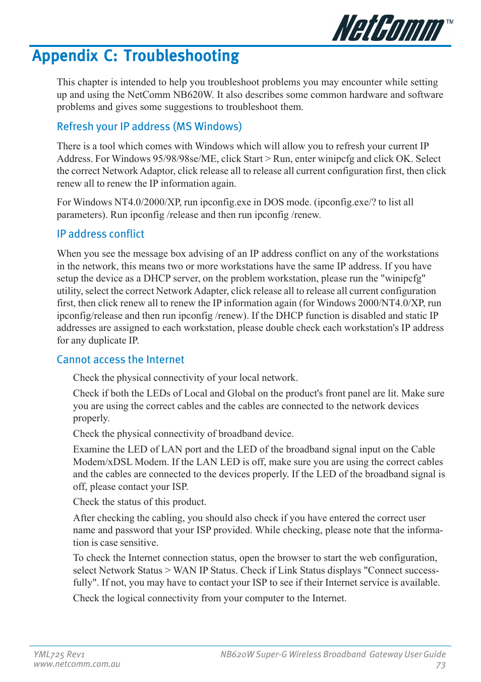 Appendix c: troubleshooting | NetComm NB620W User Manual | Page 73 / 82