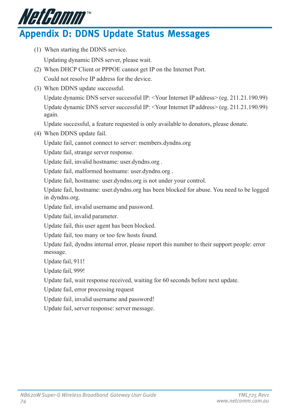 Appendix d: ddns update status messages | NetComm NB620W User Manual | Page 74 / 82