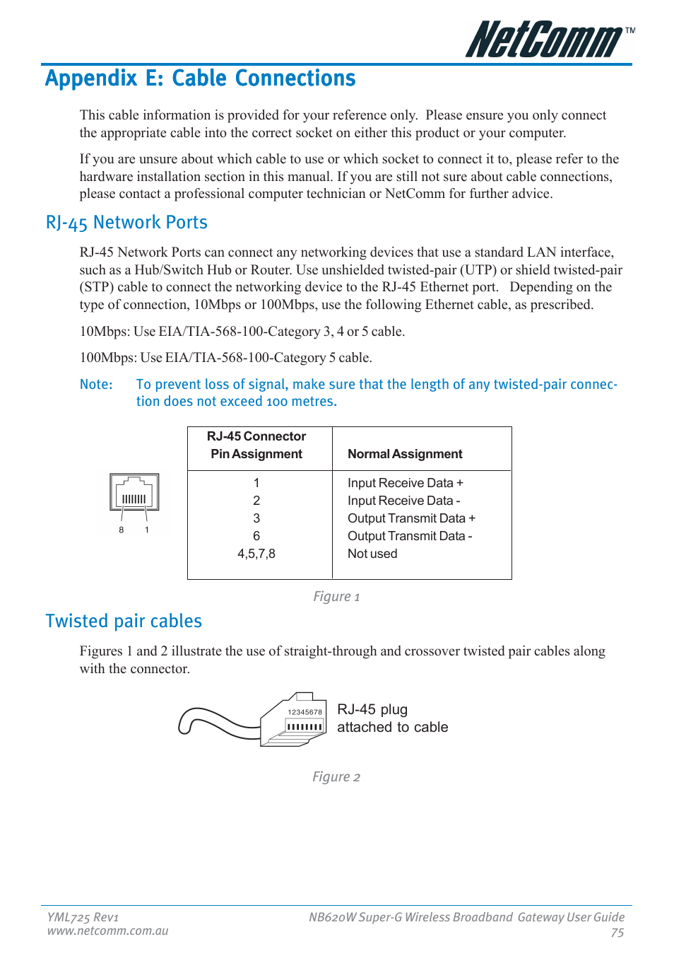 Appendix e: cable connections, Rj-45 network ports, Twisted pair cables | Rj-45 network ports twisted pair cables | NetComm NB620W User Manual | Page 75 / 82