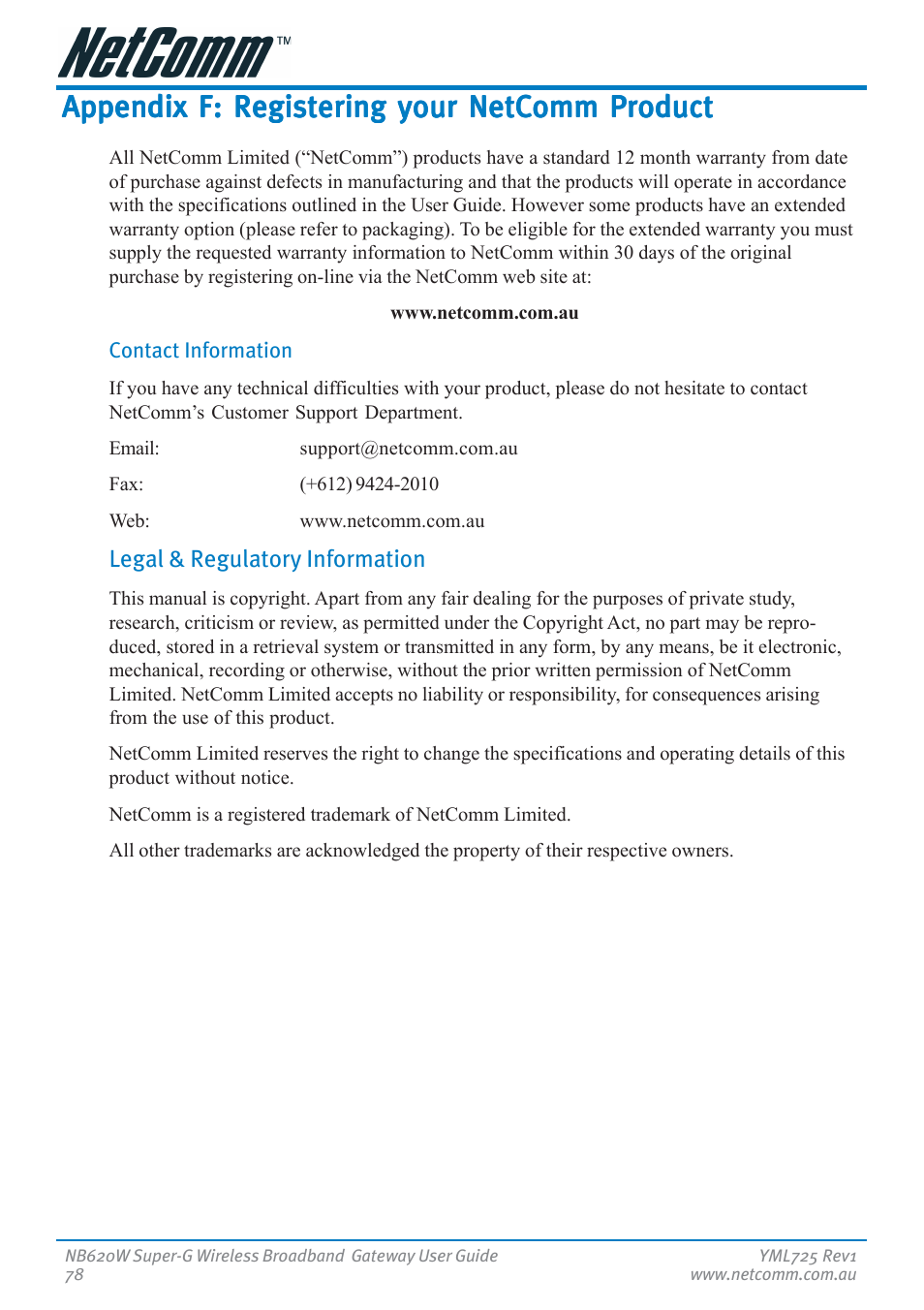 Appendix f: registering your netcomm product | NetComm NB620W User Manual | Page 78 / 82