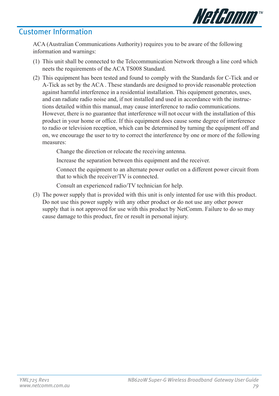 Customer information | NetComm NB620W User Manual | Page 79 / 82