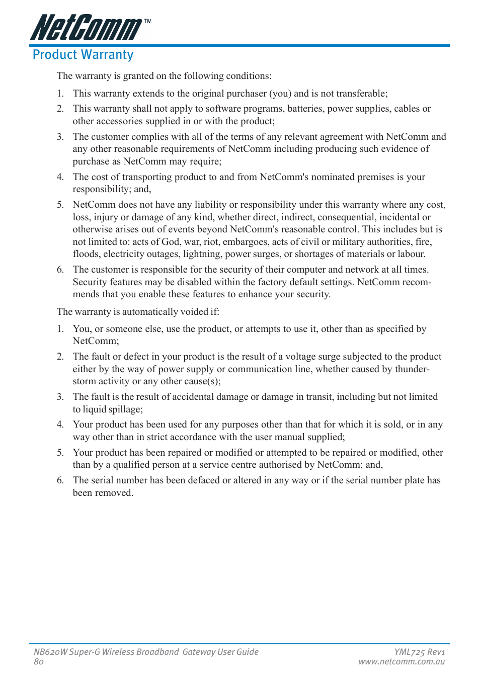 Product warranty | NetComm NB620W User Manual | Page 80 / 82