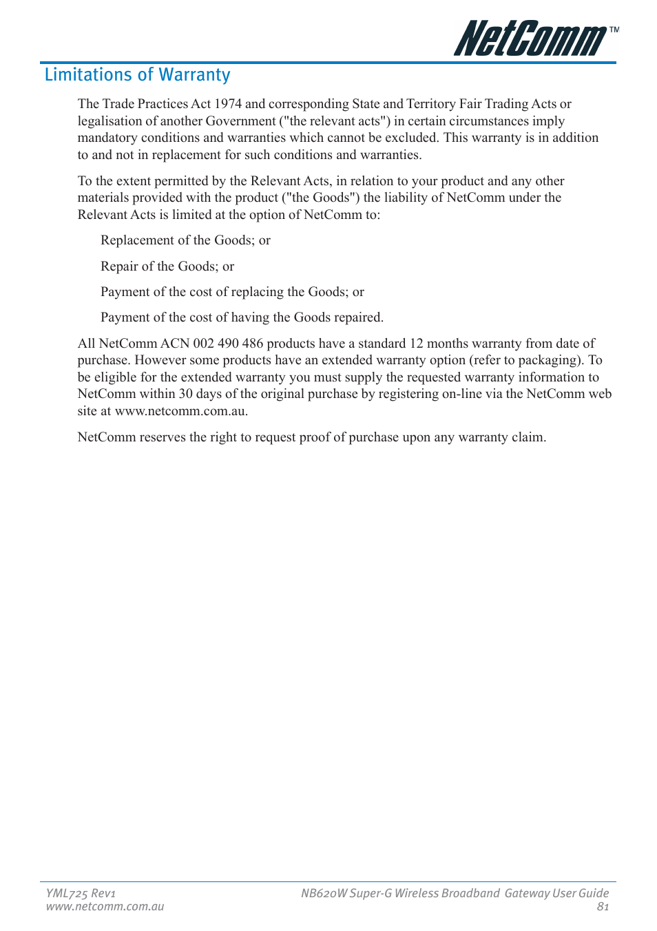 Limitations of warranty | NetComm NB620W User Manual | Page 81 / 82