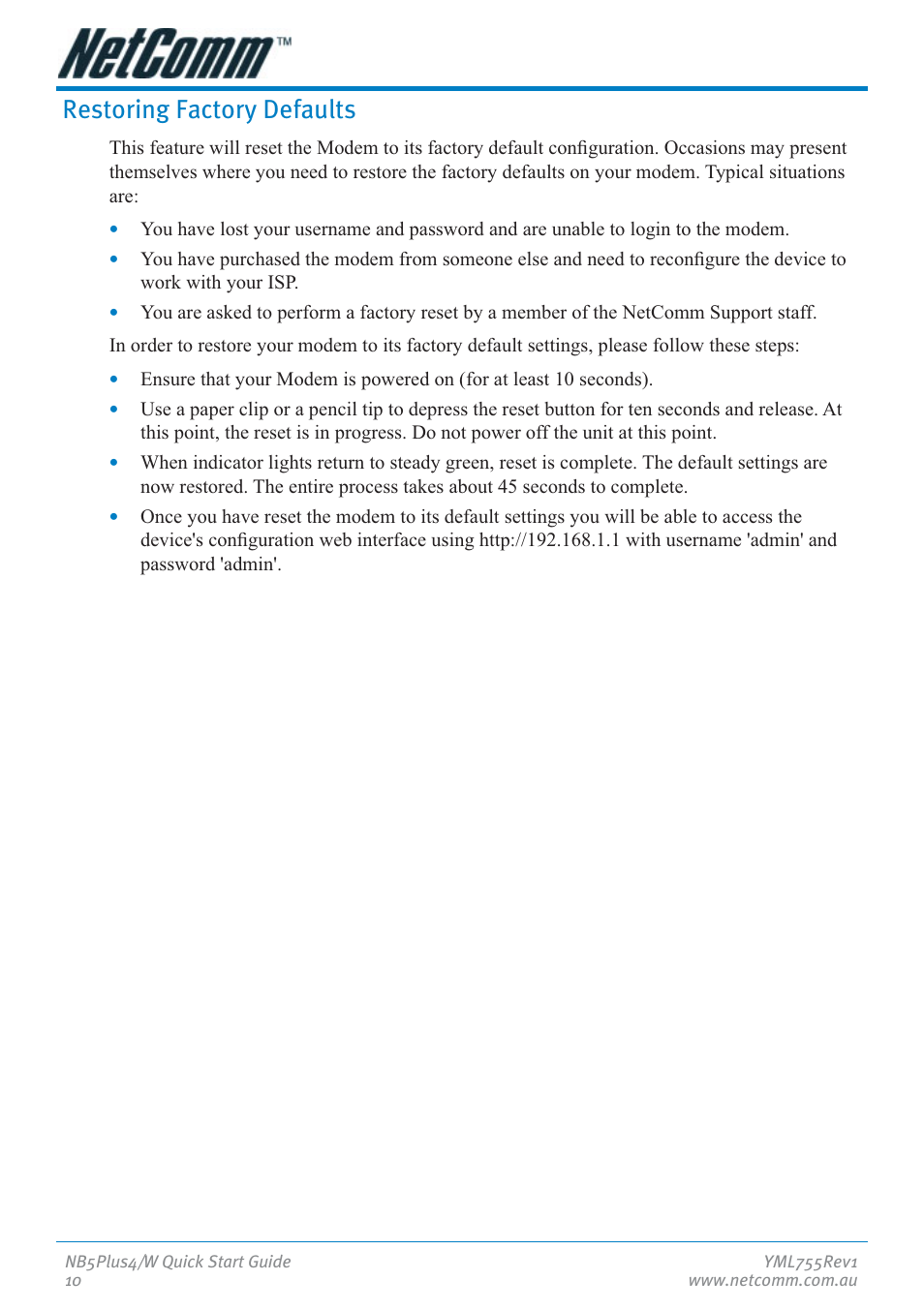 Restoring factory defaults | NetComm NB5Plus4 User Manual | Page 10 / 28