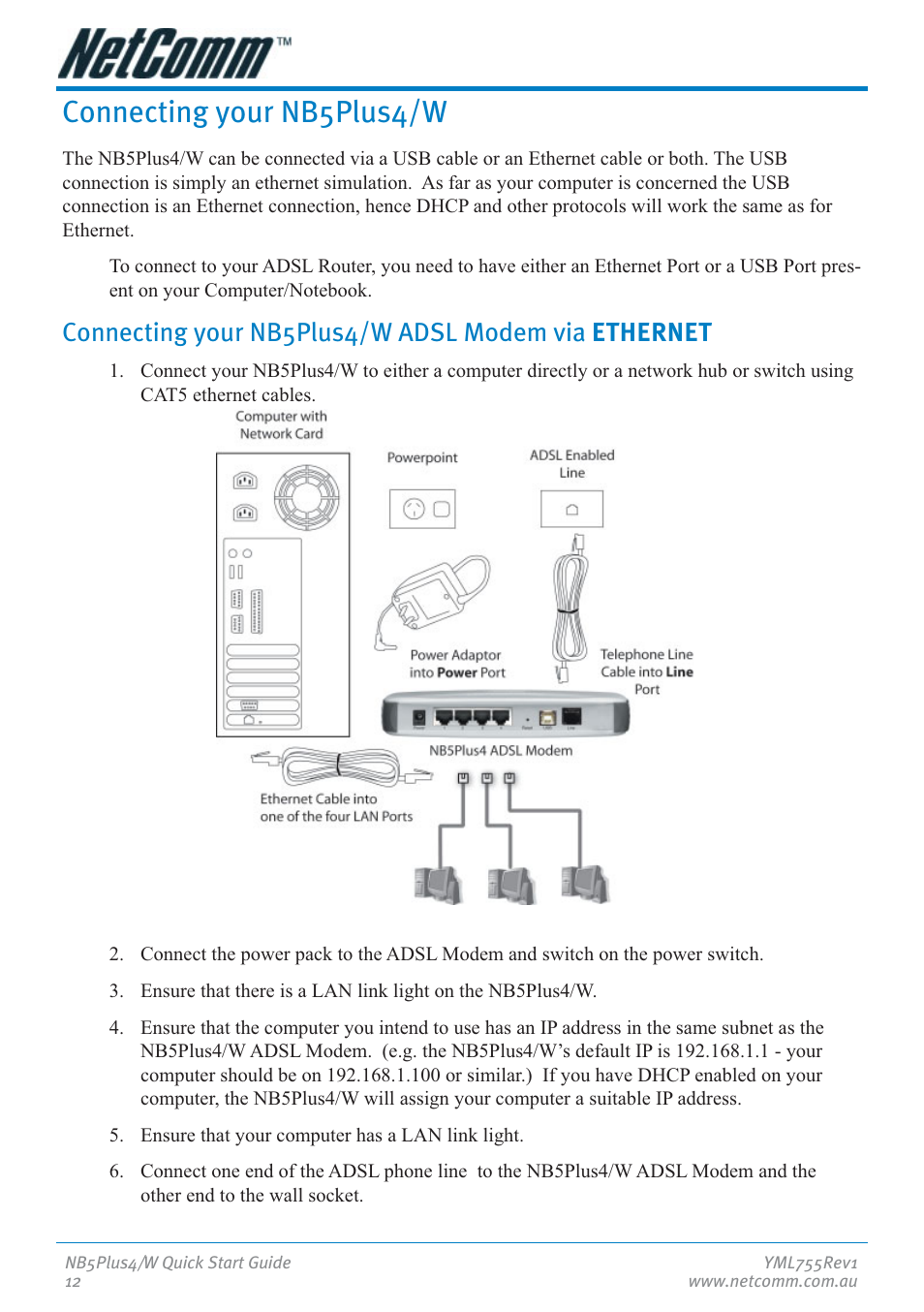 Connecting your nb5plus4/w, Connecting your nb5plus4/w adsl modem via ethernet | NetComm NB5Plus4 User Manual | Page 12 / 28