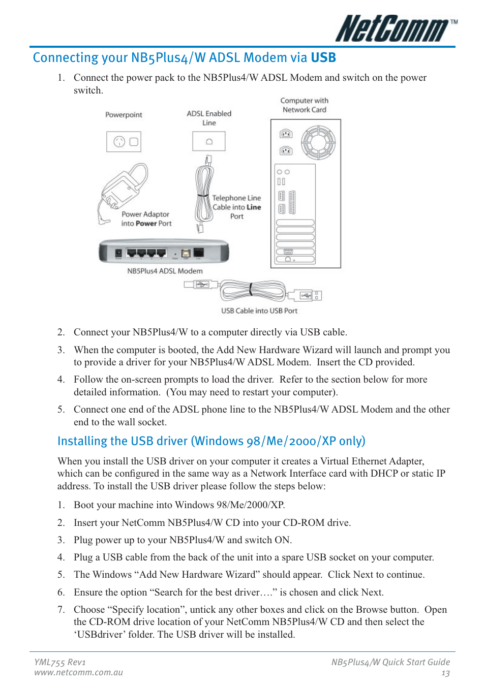 Connecting your nb5plus4/w adsl modem via usb | NetComm NB5Plus4 User Manual | Page 13 / 28