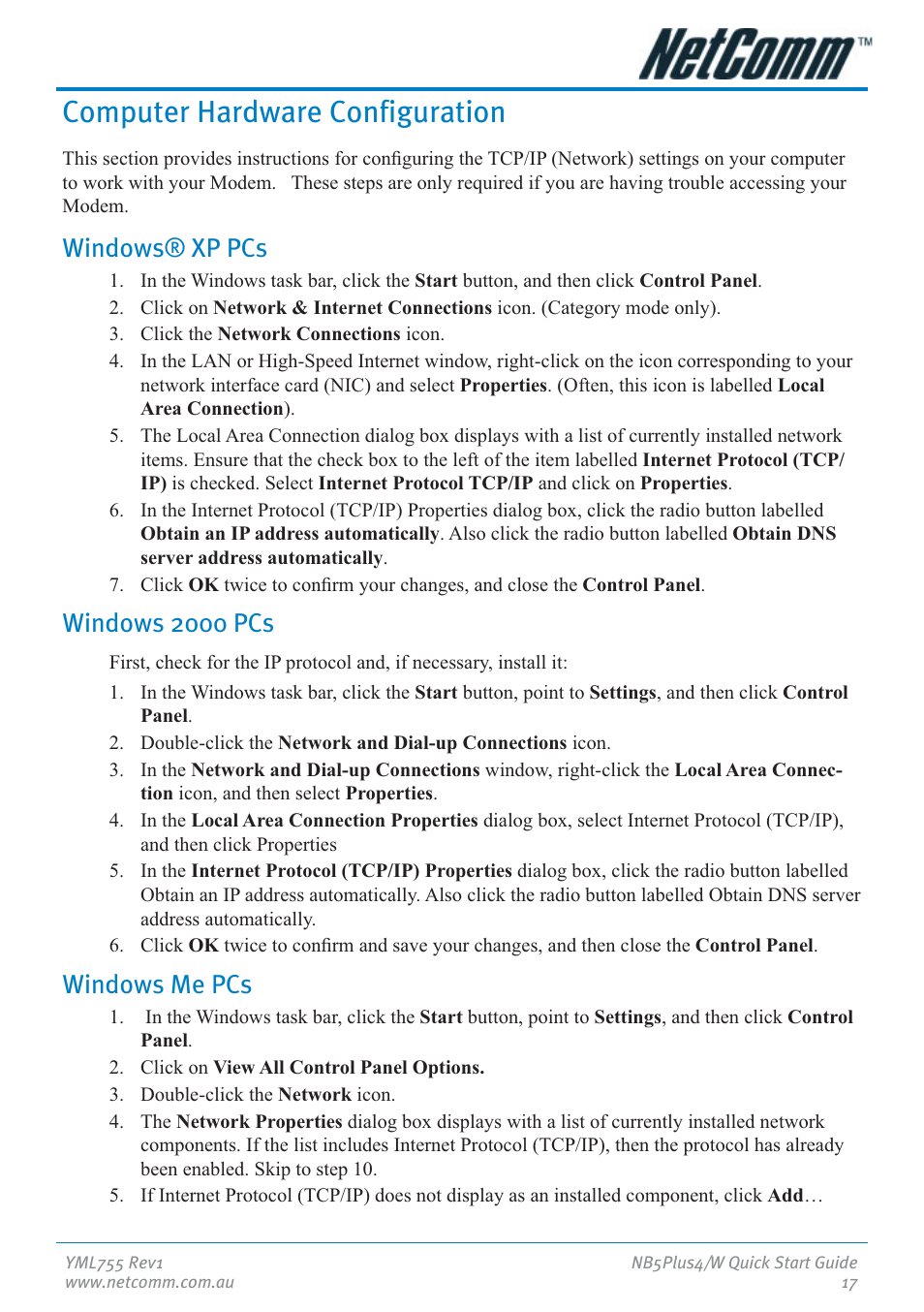 Computer hardware configuration, Windows® xp pcs, Windows 2000 pcs | Windows me pcs | NetComm NB5Plus4 User Manual | Page 17 / 28