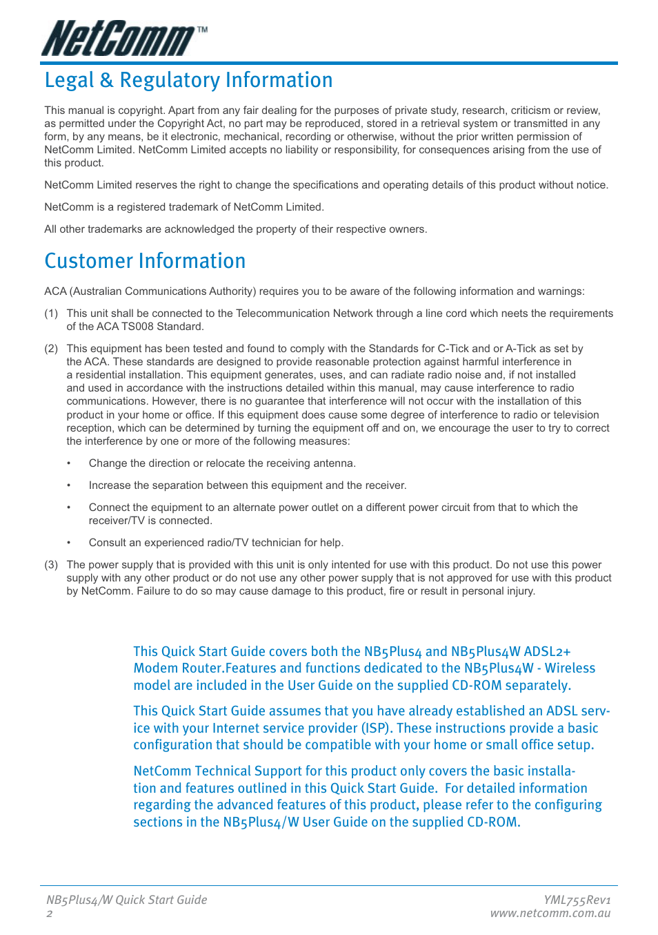 Legal & regulatory information, Customer information | NetComm NB5Plus4 User Manual | Page 2 / 28