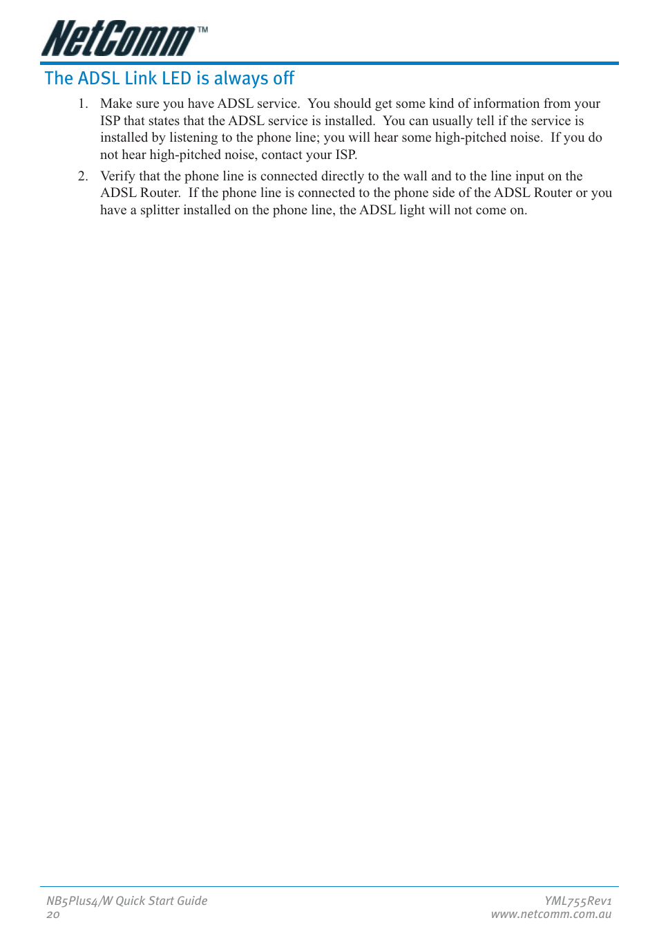 The adsl link led is always off | NetComm NB5Plus4 User Manual | Page 20 / 28