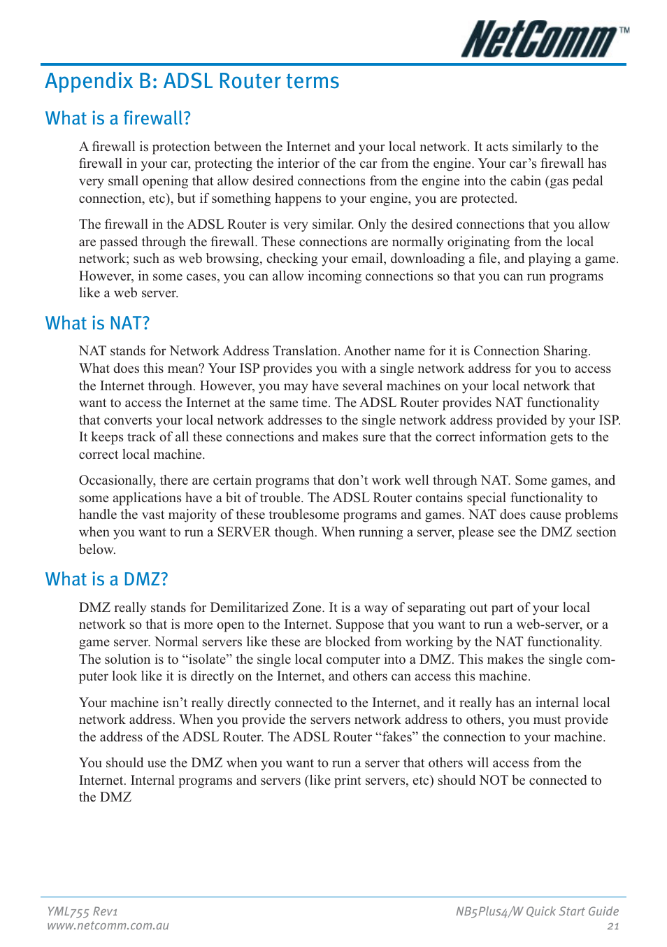 Appendix b: adsl router terms, What is a firewall, What is nat | What is a dmz | NetComm NB5Plus4 User Manual | Page 21 / 28