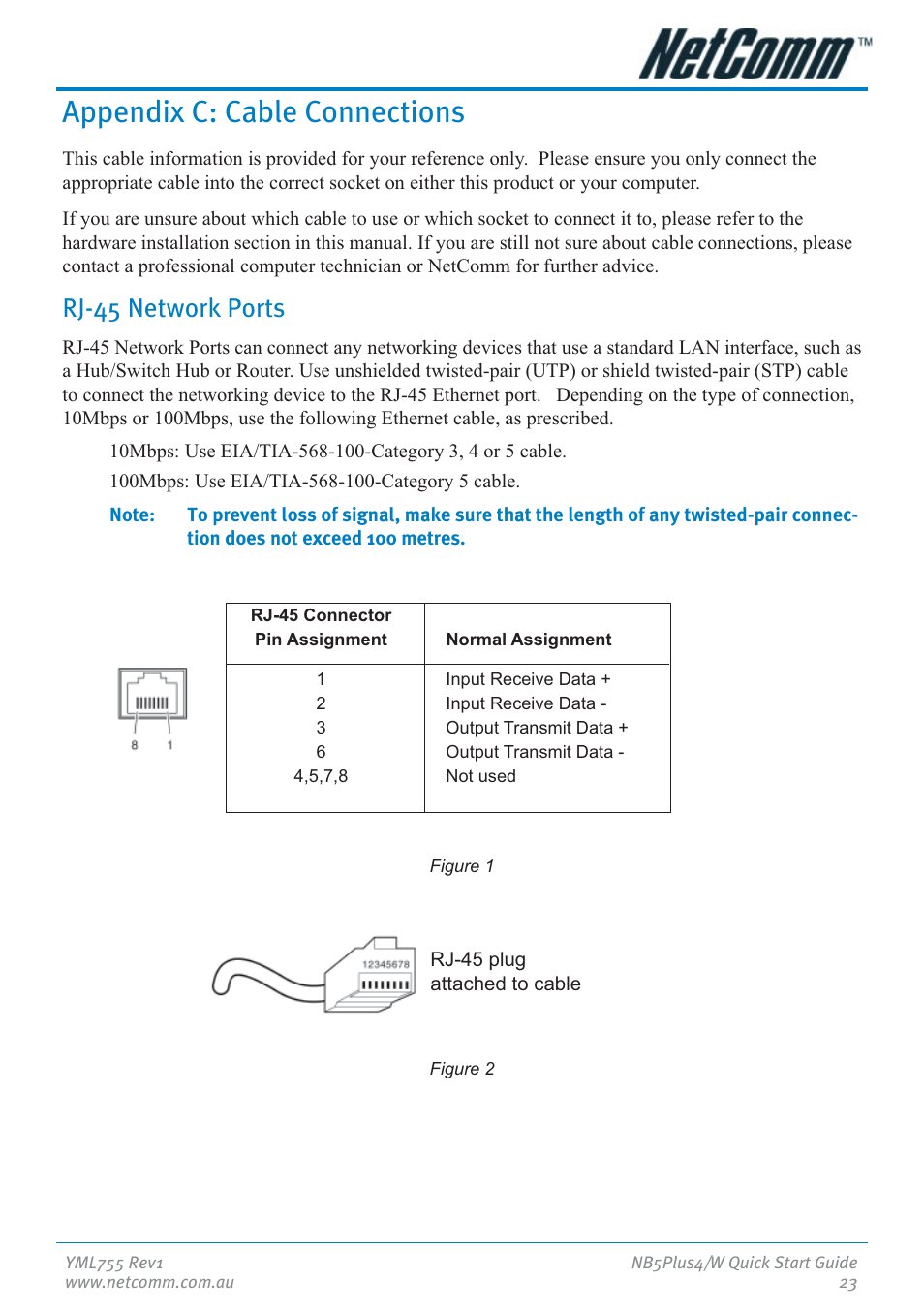 Appendix c: cable connections, Rj-45 network ports | NetComm NB5Plus4 User Manual | Page 23 / 28