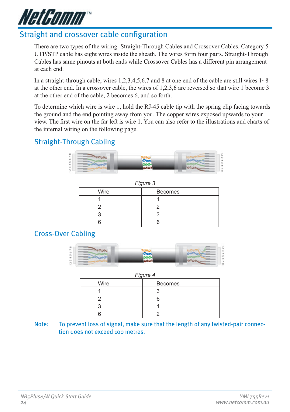 Straight and crossover cable configuration, Straight-through cabling, Cross-over cabling | NetComm NB5Plus4 User Manual | Page 24 / 28
